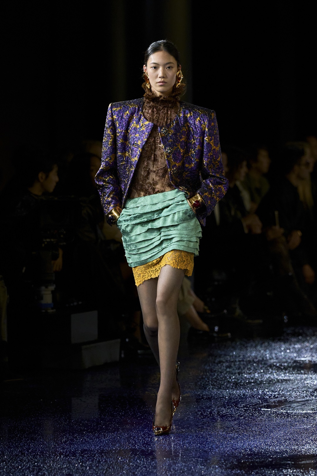 Opulent layering with lustrous fabrics.