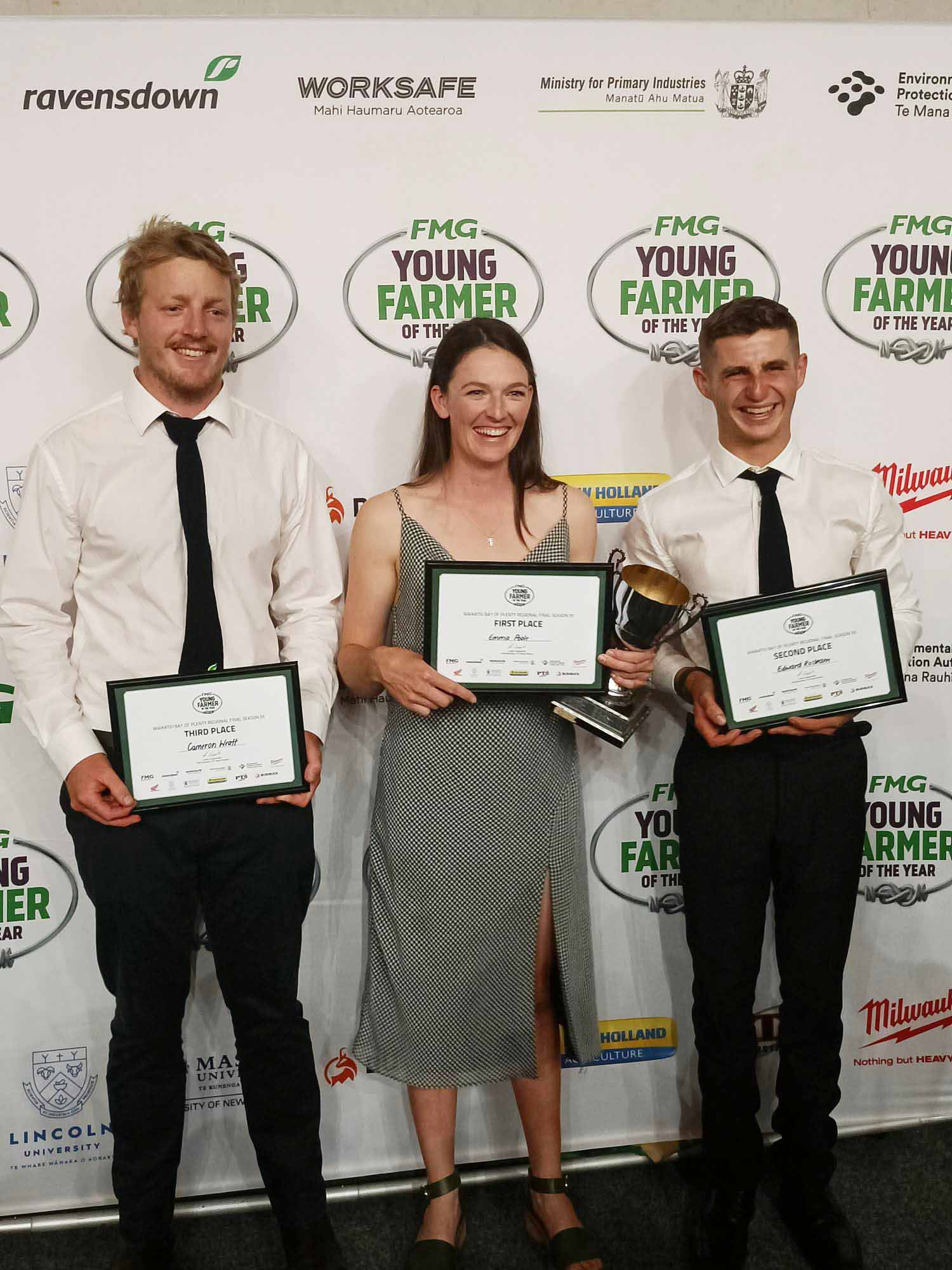 Waikato Bay of Plenty FMG Young Farmer of the Year Emma Poole with Cameron Wratt (left) in third place and runner up Edward Roskam. Photo / Supplied