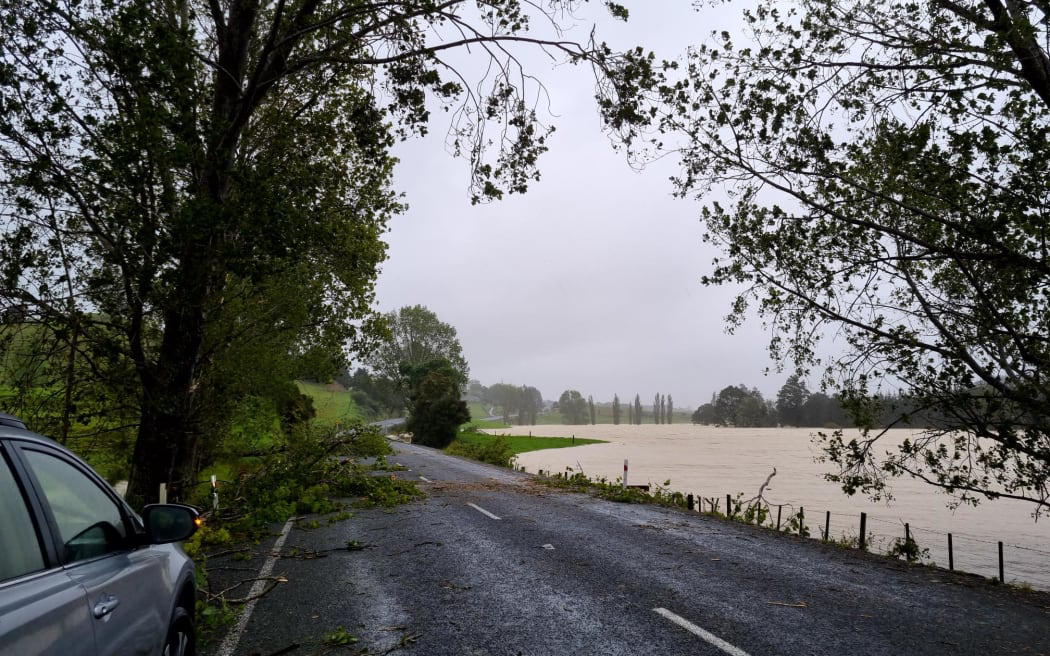 Downed trees and extensive flooding in Kaipara during Cyclone Gabrielle. Photo / RNZ / Soumya Bhamidipati