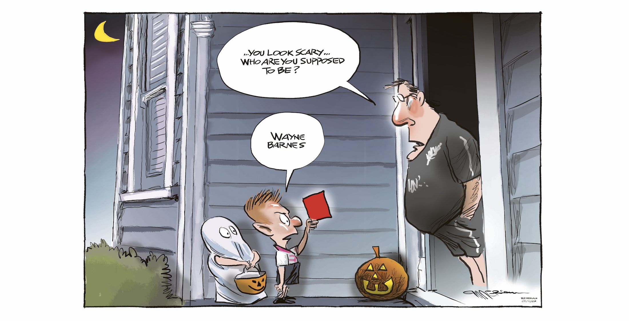 Referee Wayne Barnes showed Sam Cane a red card in the 2023 Rugby World Cup final, just days before Halloween. Illustration / Rod Emmerson