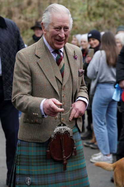 Britain's King Charles III arrives to visit the Aboyne and Mid Deeside Community Shed to meet with local hardship support groups and tour the new facilities, in Aboyne, Aberdeenshire, Scotland.  Photo / AP