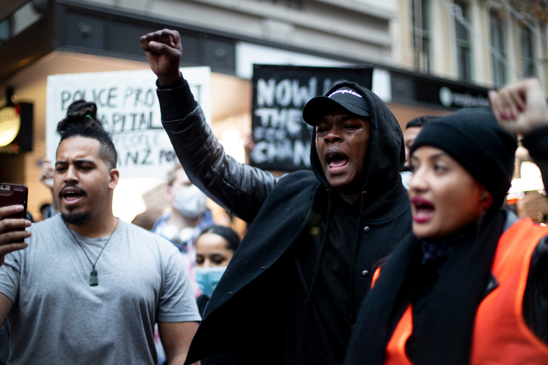 UFC Fighter Israel Adesanya during the protest held in the Auckland CBD. Photo / Dean Purcell