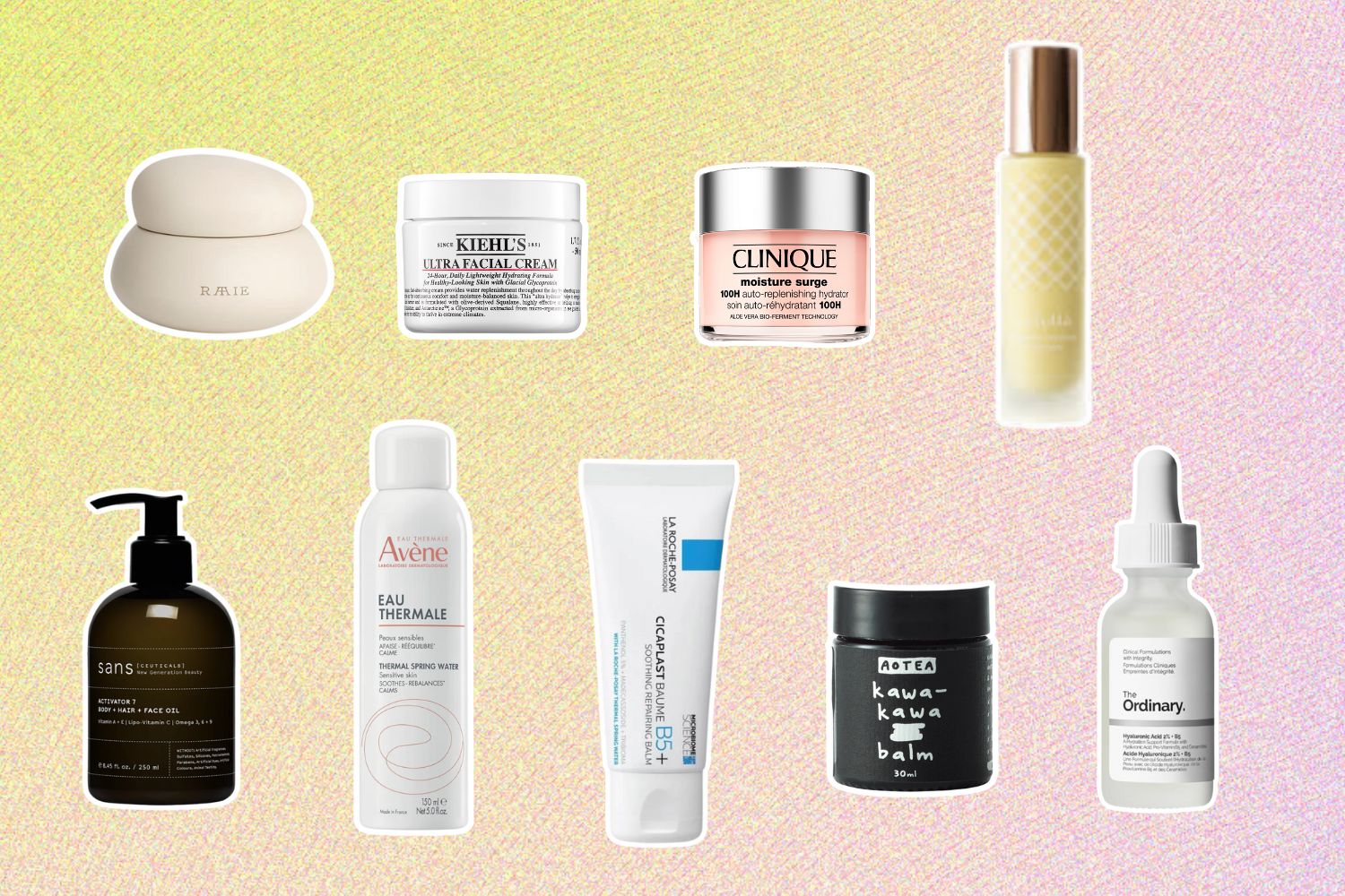 From left: Raaie Cocoon Ceramide Cream; Kiehl’s Ultra Facial Cream; Clinique Moisture Surge 100H Auto-Replenishing Hydrator; Velettà Youthful Glow Intensive Hydrating Treatment; Sans Activator 7 Body + Hair + Face Oil; Avène Thermal Spring Water Spray; La Roche-Posay Cicaplast Baume B5+; Aotea Kawakawa Balm; The Ordinary Hyaluronic Acid 2% + B5.
