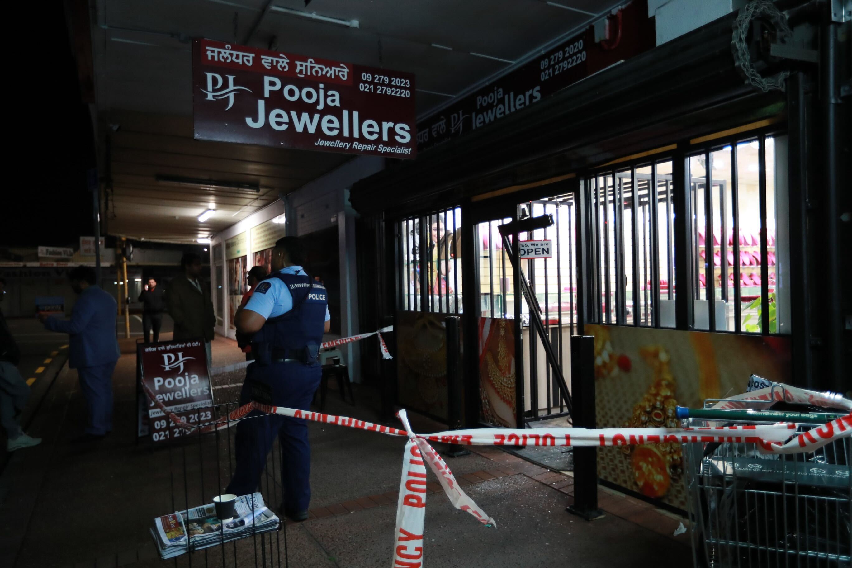 Police have cordoned off Pooja Jewellers in Papatoetoe as they investigate a violent aggravated robbery at the store. Photo / Hayden Woodward