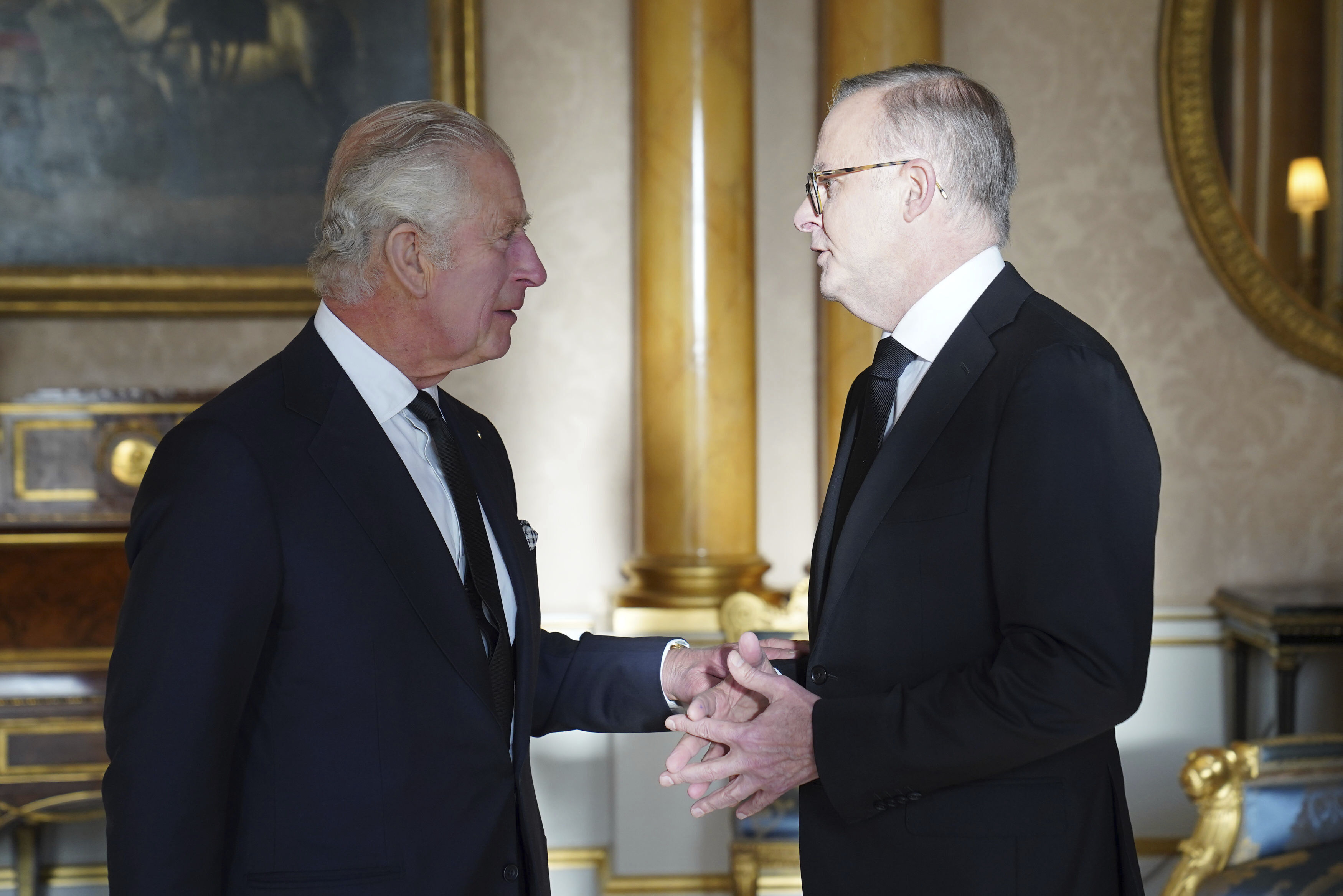Britain's King Charles III speaks with Prime Minister of Australia Anthony Albanese. Photo / AP