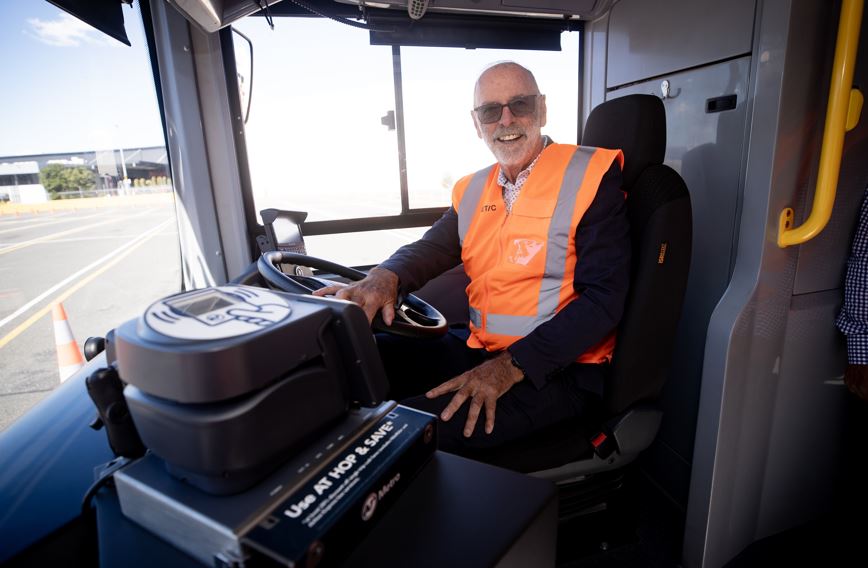 Auckland Mayor Wayne Brown in Auckland’s first electric double-decker bus. Photo / Dean Purcell