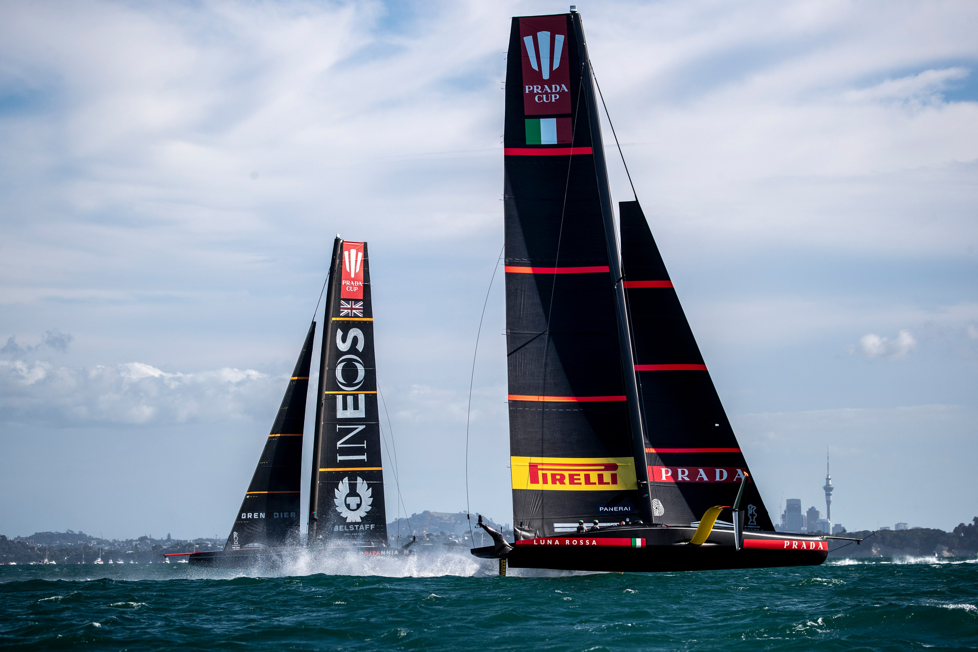 Ineos Team UK and Luna Rossa battle it out in the Prada Cup final. Photo / Michael Craig