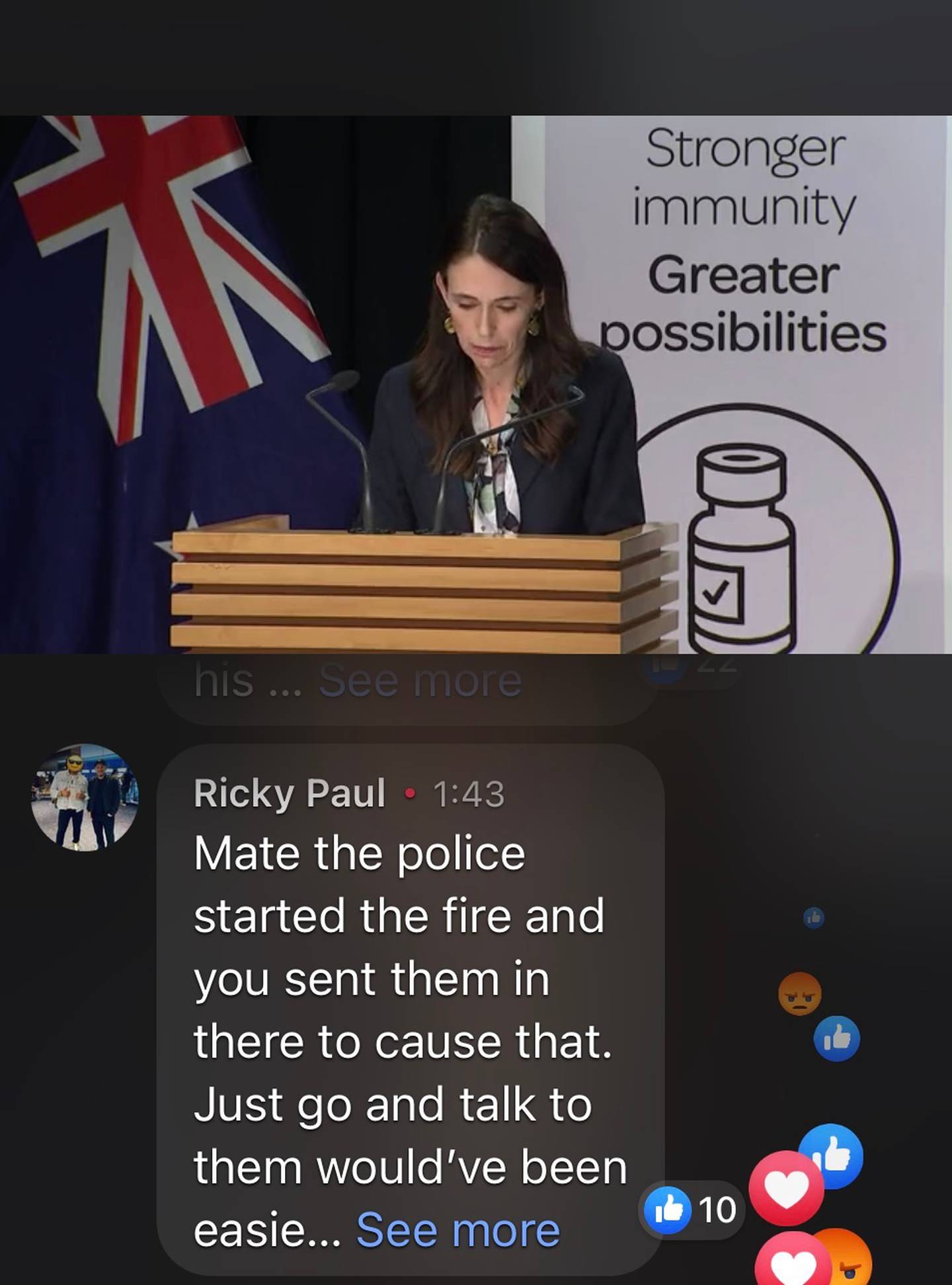 A graphic illustration of the limits of change since 2019: Jacinda Ardern's Facebook stream, after the Parliament lawn occupation in March 2021, plus one of the live (and later archived) false comments. Image / Facebook