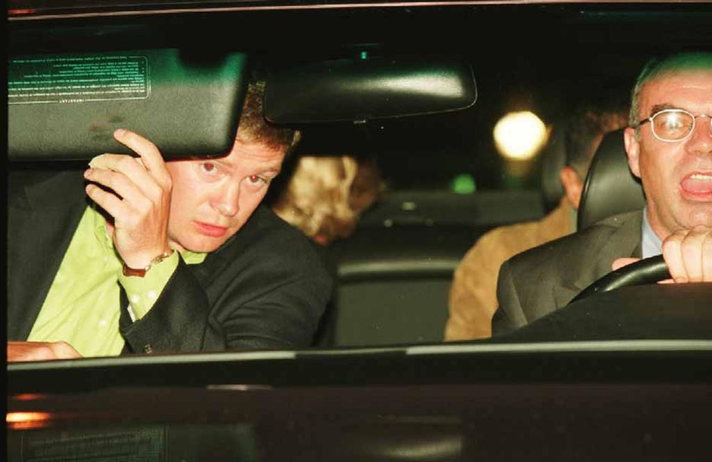 Diana, Princess of Wales and Dodi Fayed (both partially visible in back seat), bodyguard Trevor Rees-Jones (front, left) and driver Henri Paul, in their Mercedes-Benz S280, shortly before the fatal crash which killed Diana, Fayed and Paul, Paris, August 31, 1997.
