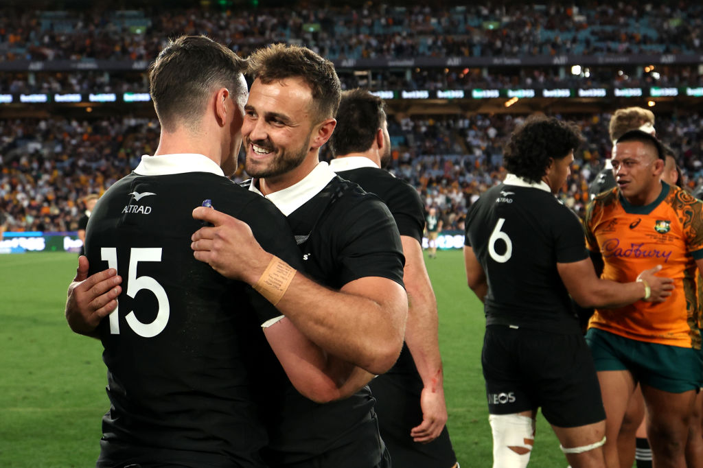Harry Plummer and Will Jordan after the All Blacks' victory over Australia in Sydney. Photo / Getty Images