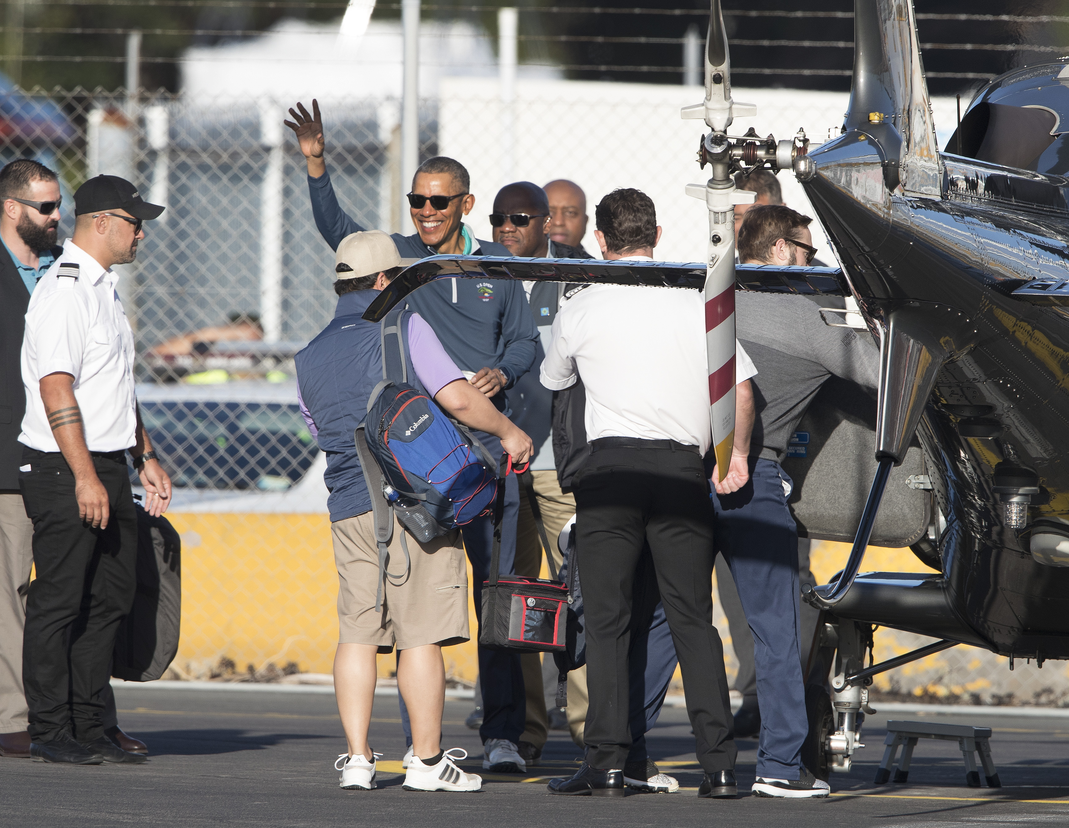 Barack Obama at Mechanics Bay just before his chopper flight to Kauri Cliffs. Photo / Brett Phibbs