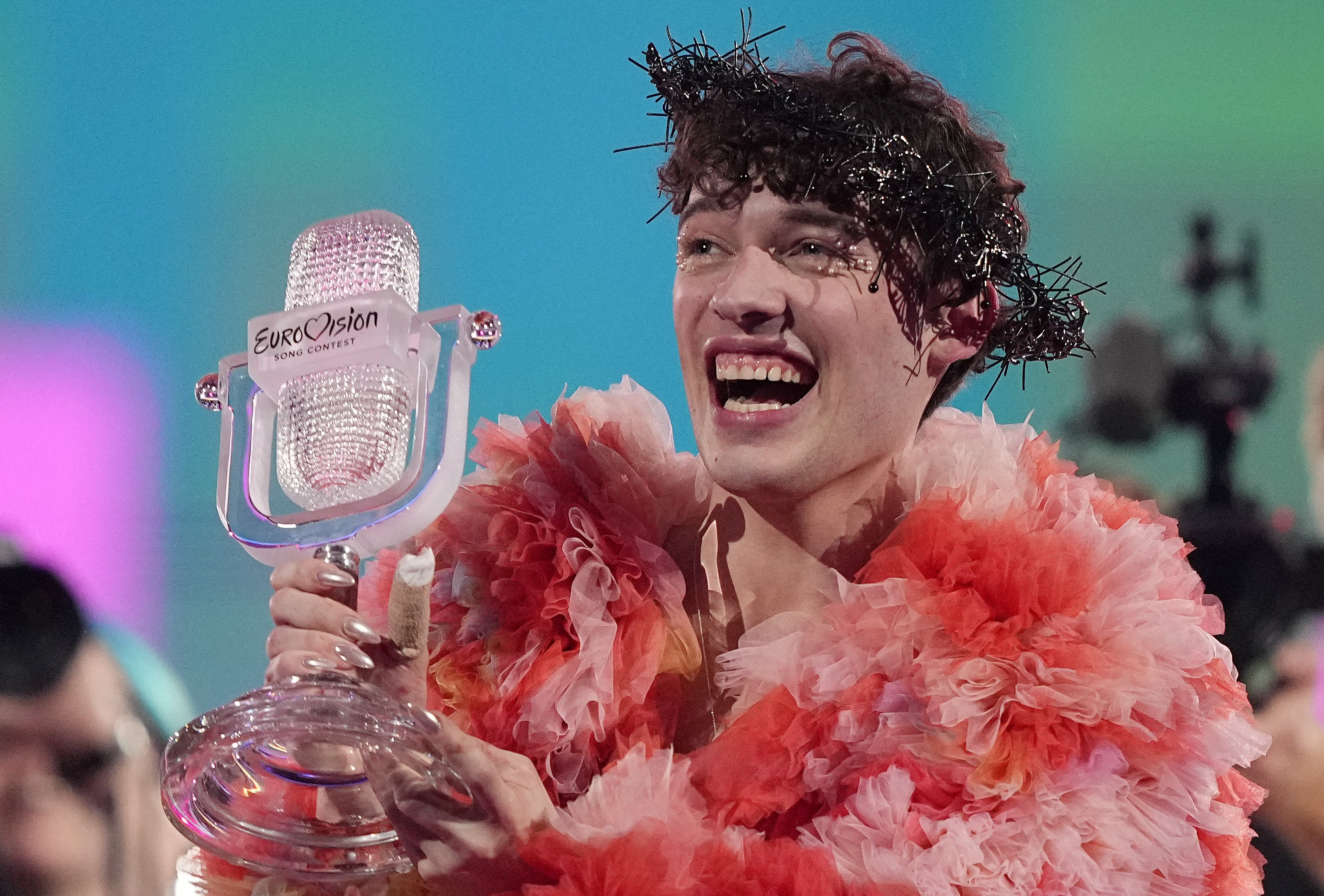 Nemo of Switzerland, who performed the song The Code, celebrates after winning the Grand Final of the Eurovision Song Contest in Malmo, Sweden, Saturday. Photo / AP