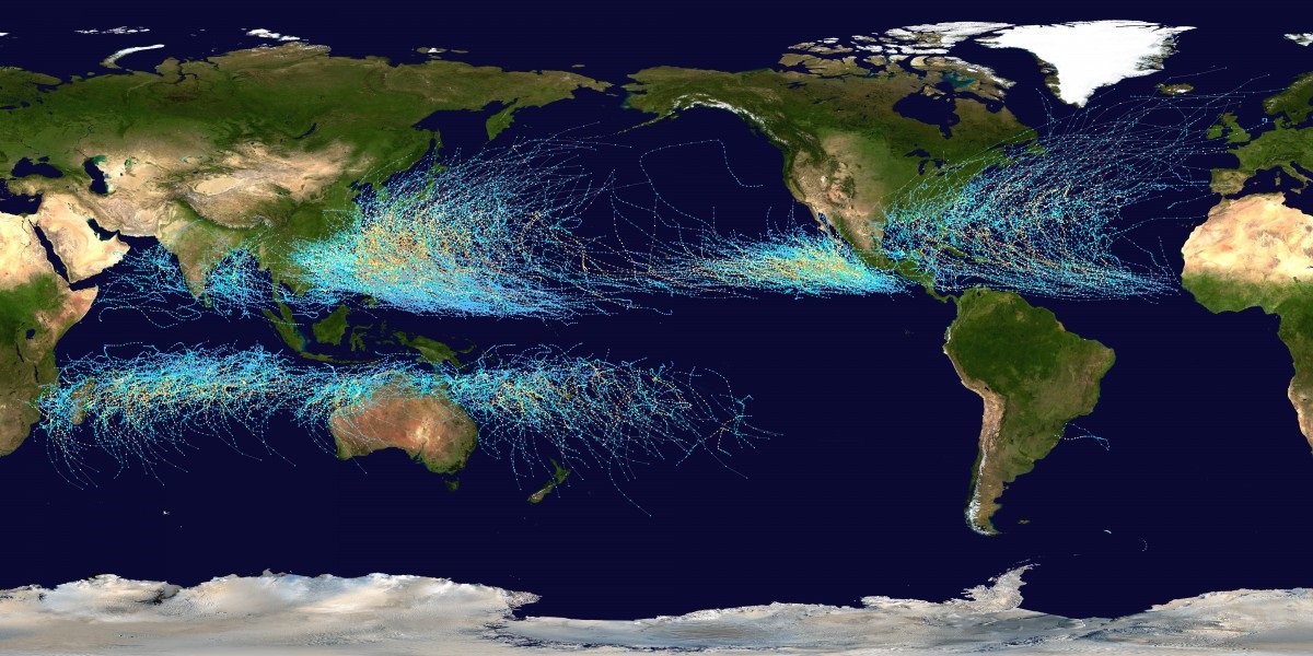 This image shows cyclone, typhoon and hurricane tracks between 1985 and 2005. On average one system travels within 550km of New Zealand each season. Image / Wikimedia Commons