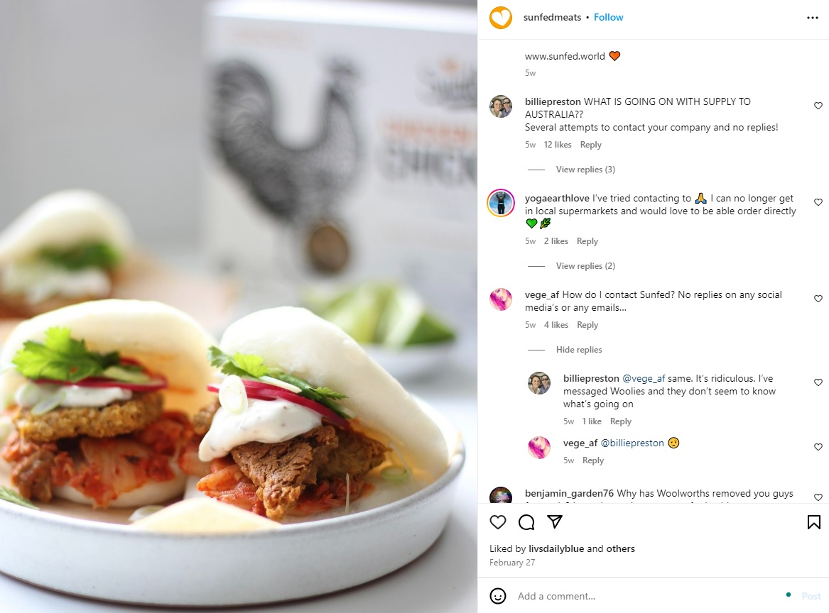 Sunfed has not responded to Australian customers' questions on its Facebook and Instagram posts asking about its products' disappearance from supermarket shelves.