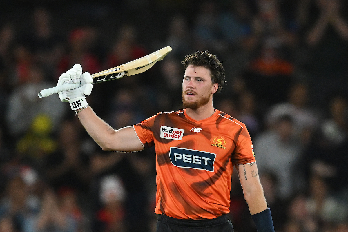 Finn Allen celebrates his century for the Perth Scorchers against the Melbourne Renegades. Photo / Photosport