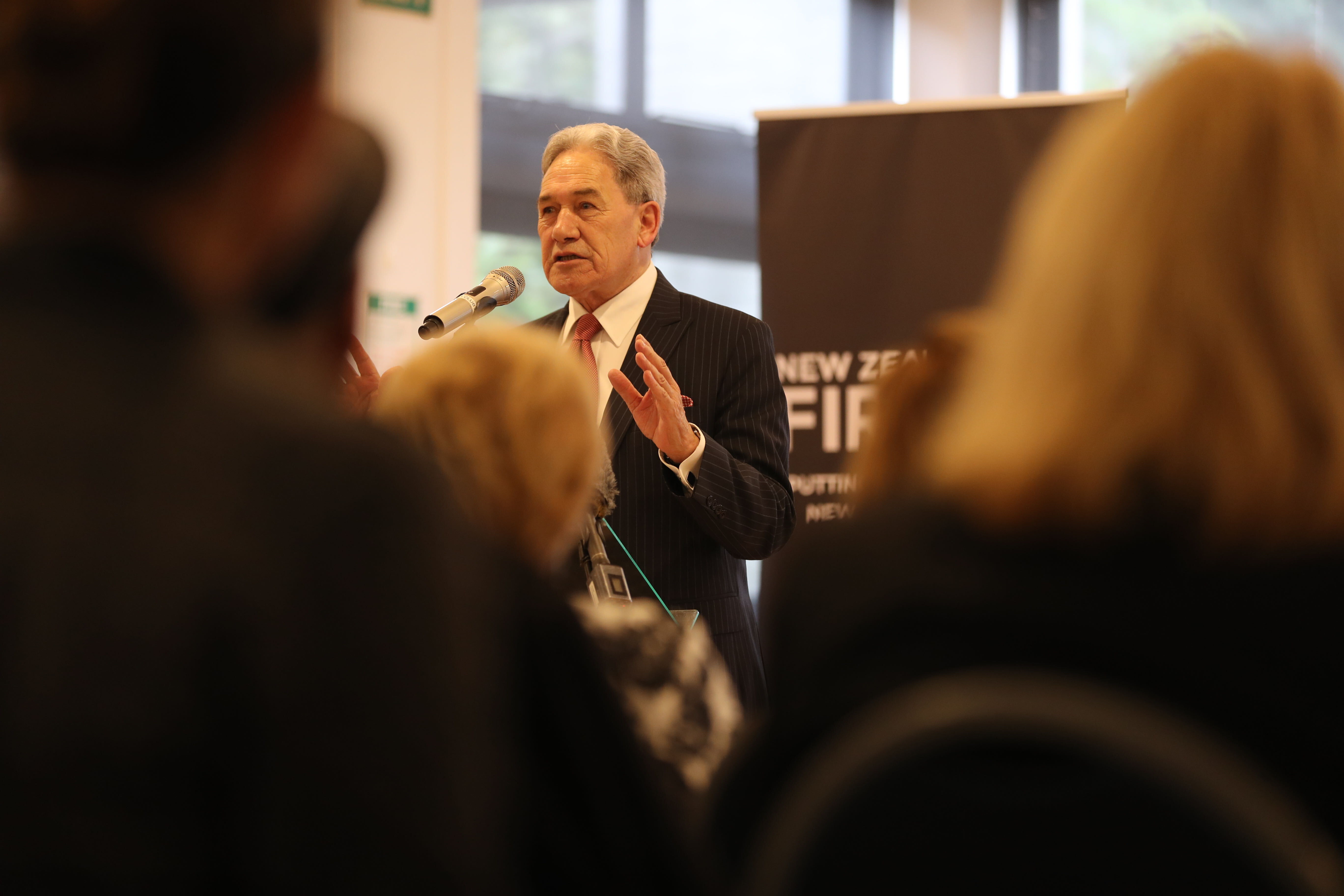 NZ First leader Winston Peters speaks at a public meeting at the Remuera Club in Auckland. Photo / Michael Craig