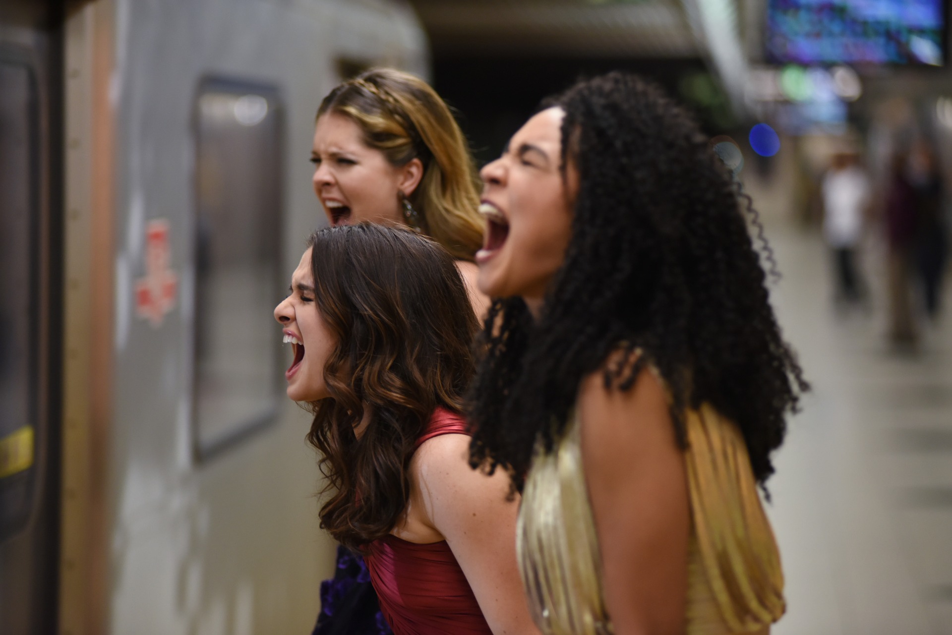 Meghann Fahy as Sutton, Katie Stevens as Jane, and Aisha Dee as Kat in The Bold Type.