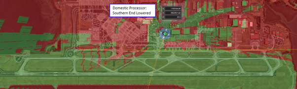 The view field from the air traffic control tower at Auckland Airport following building of the new terminal. The obscured area is shown in red.