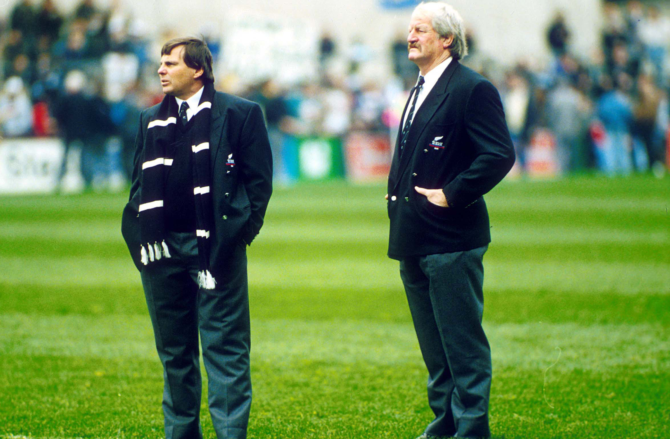 All Blacks co-coaches John Hart (left) and Alex Wyllie (right), during, the Rugby World Cup in 1991. Photo / Photosport