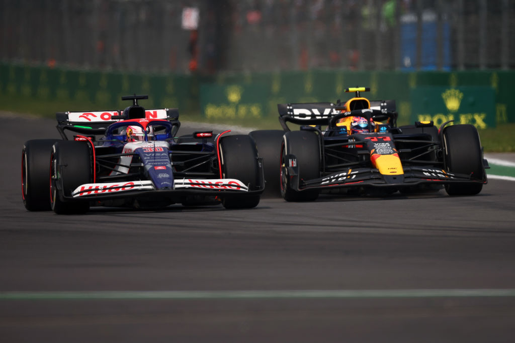 Liam Lawson and Sergio Perez went wheel-to-wheel at the Mexican Grand Prix. Photo / Getty Images