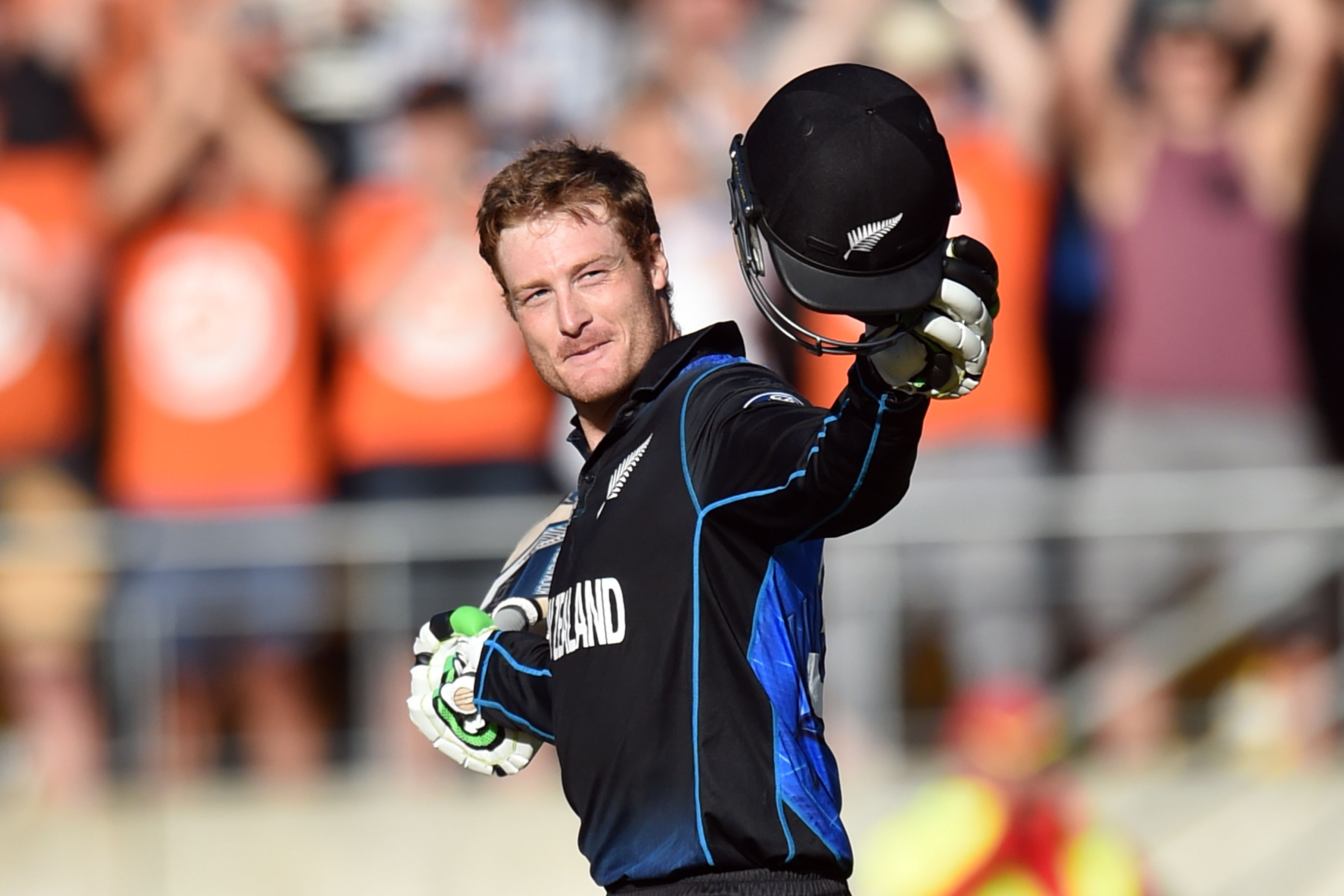 Martin Guptill celebrates scoring the first ODI double century for a New Zealand batsman. Photo / Photosport