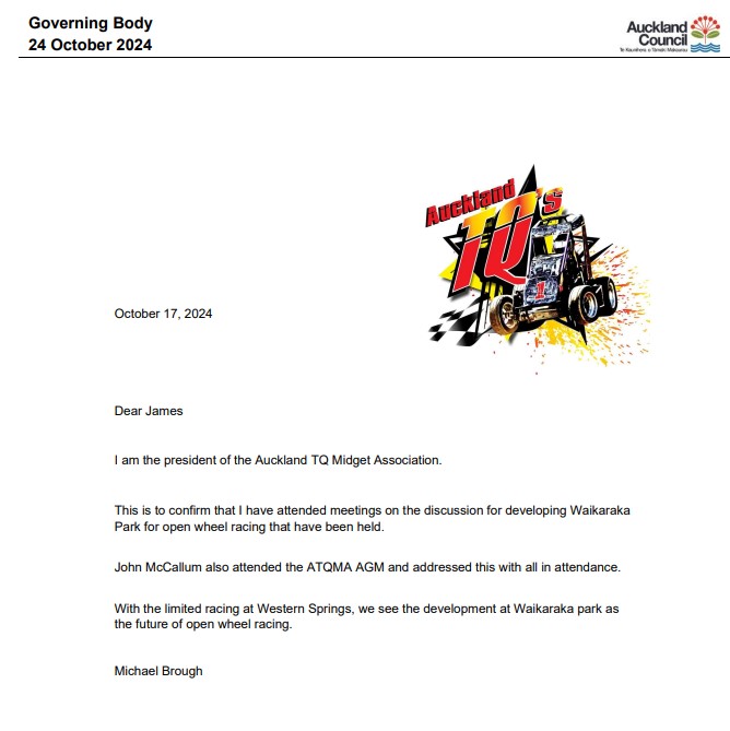 The altered Auckland TQ Midget Association letter that appeared on the October 24 governing body agenda.