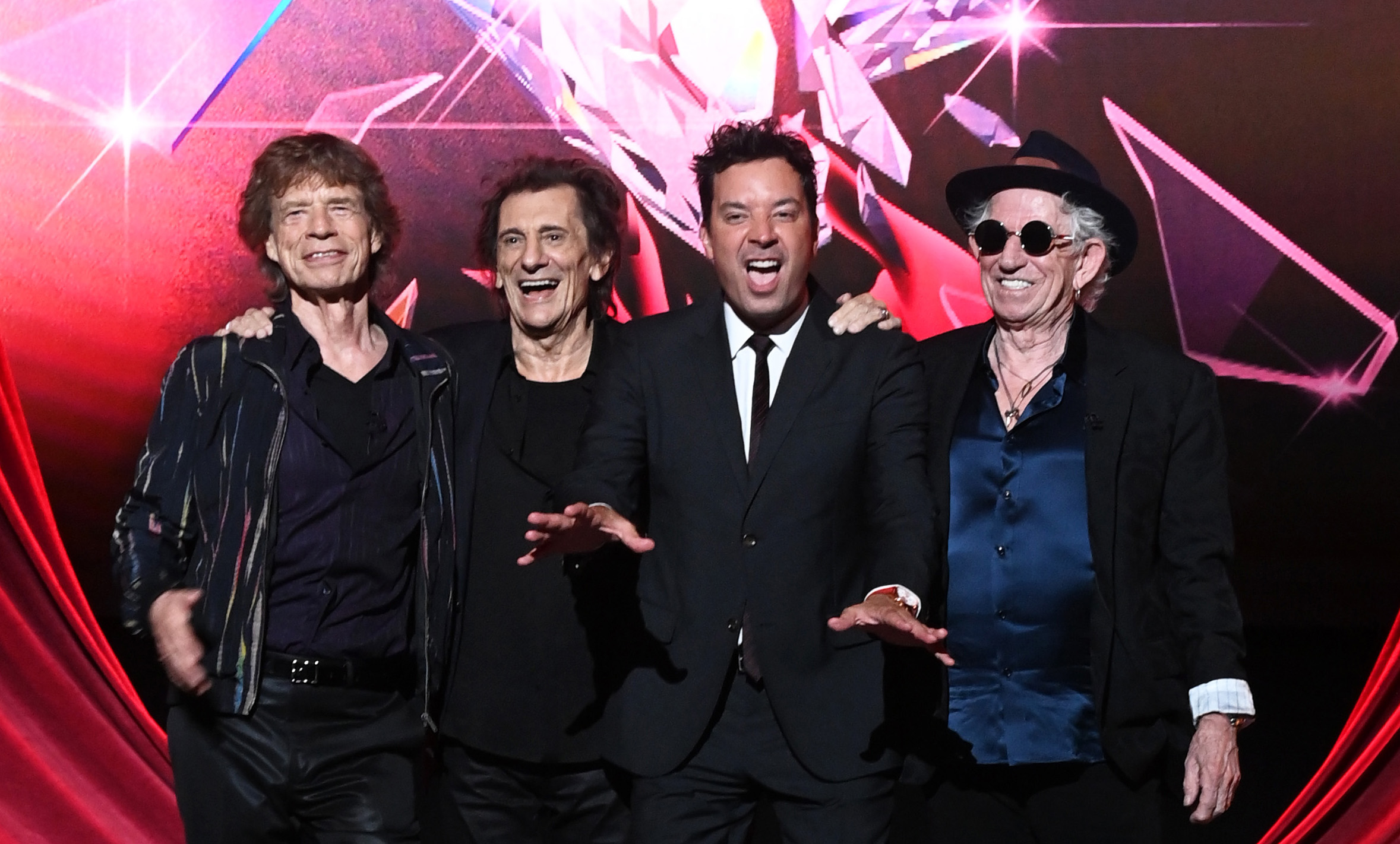 Sir Mick Jagger, Ronnie Wood, Jimmy Fallon and Keith Richards attend the launch event for The Rolling Stones' new album 