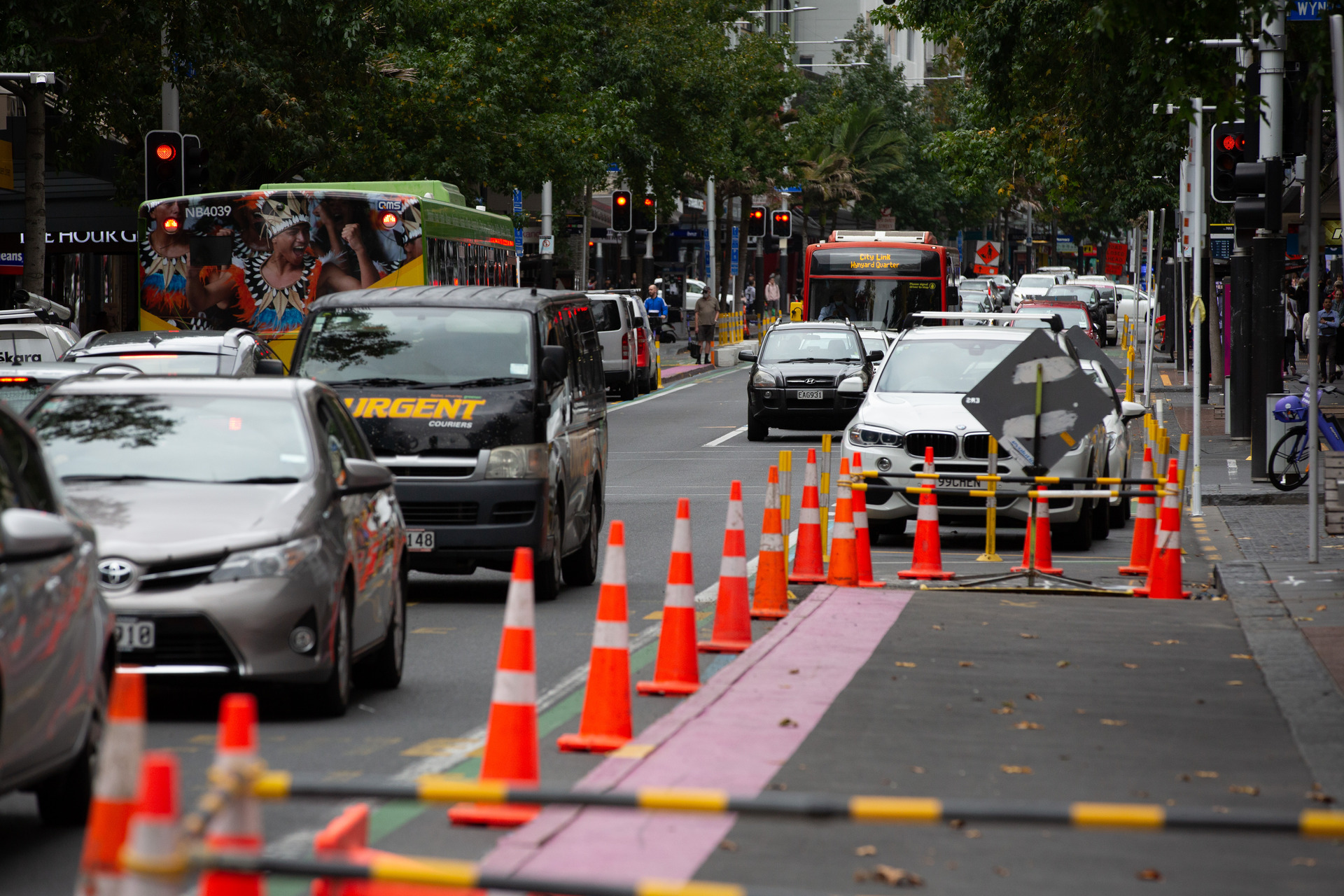Queen St in Auckland Central has been subjected to ongoing works and barriers in the name of a pedestrian trial since early 2020. Photo / Sylvie Whinray
