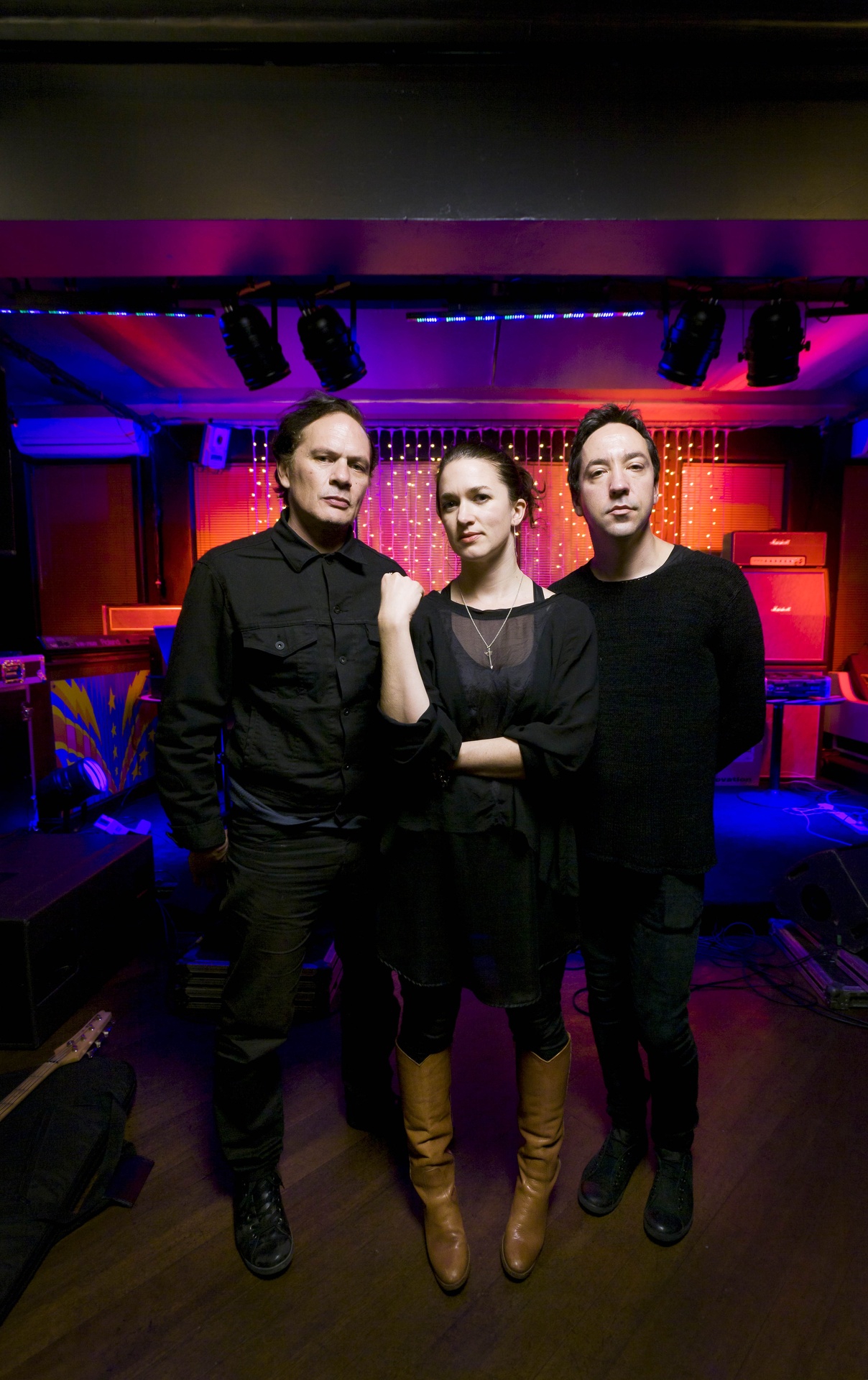The Adults, photographed at rehearsal at The Back Beat bar in Auckland, June 2011. From left, Shayne Carter, Julia Deans and Jon Toogood. Photo / Adrian Malloch
