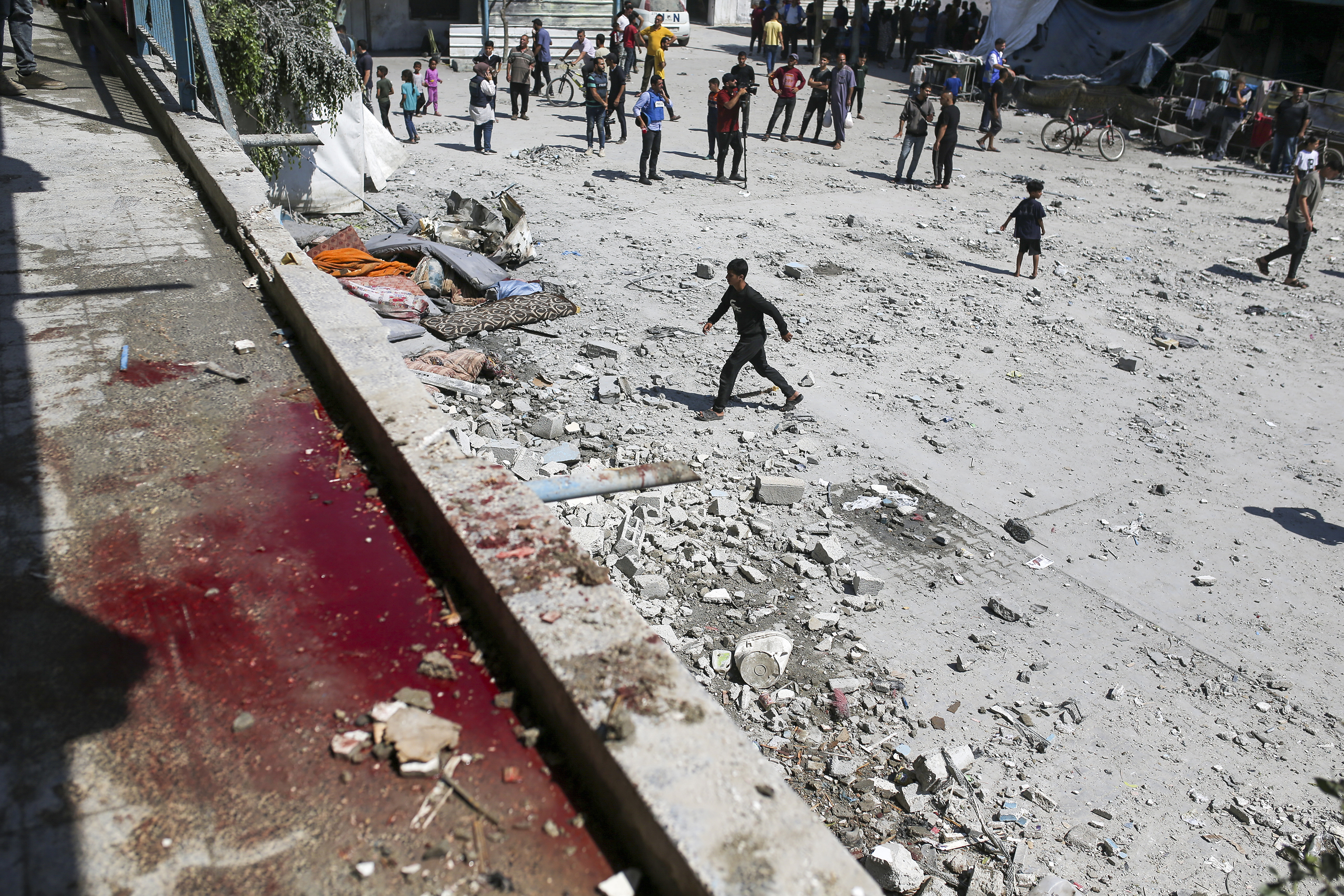 The aftermath of the Israeli strike on a UN-run school that killed dozens of Palestinians in the Nusseirat refugee camp in the Gaza Strip. Photo / AP