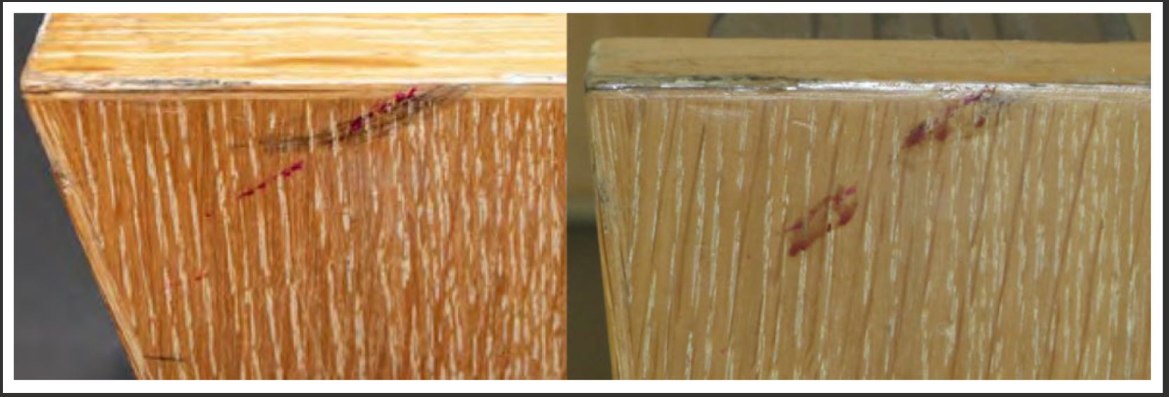 A stain found on the stairs next to Pauline Hanna's body in April 2021 was photographed (left) but not tested for DNA because forensic scientist Fiona Matheson said the area tested negative for blood. Overseas forensic expert Timothy Scanlan returned to the Remuera home two years later and found a stain in the same location (right), he testified at the Philip Polkinghorne murder trial. The stain tested positive for Polkinghorne's DNA.
