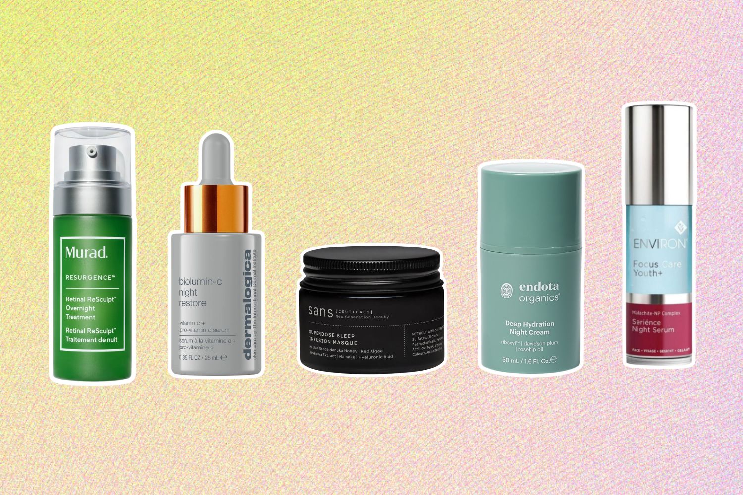 From left: Murad Retinal ReSculpt Overnight Treatment; Dermalogica BioLumin C Night Restore; Sans Ceuticals Superdose Sleep Infusion Masque; Endota Deep Hydration Night Cream; Environ Serience Night Serum.
