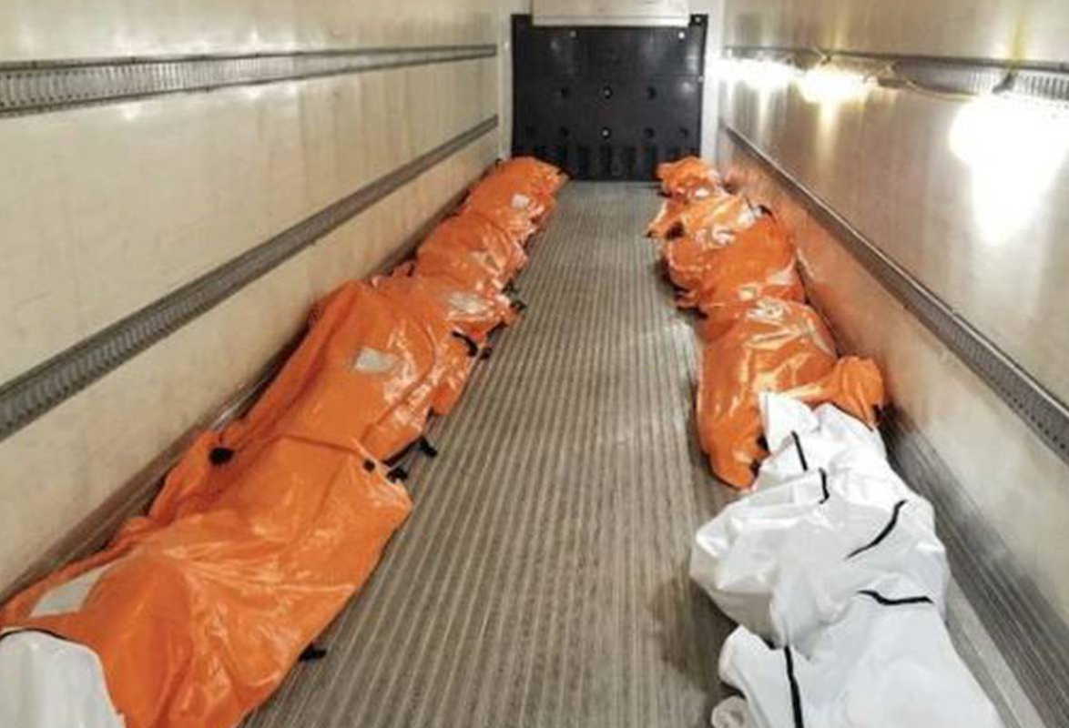 The harrowing shot of body bags in refrigerated trucks in New York was sent to Buzzfeed News by a Manhattan nurse. Photo / Supplied