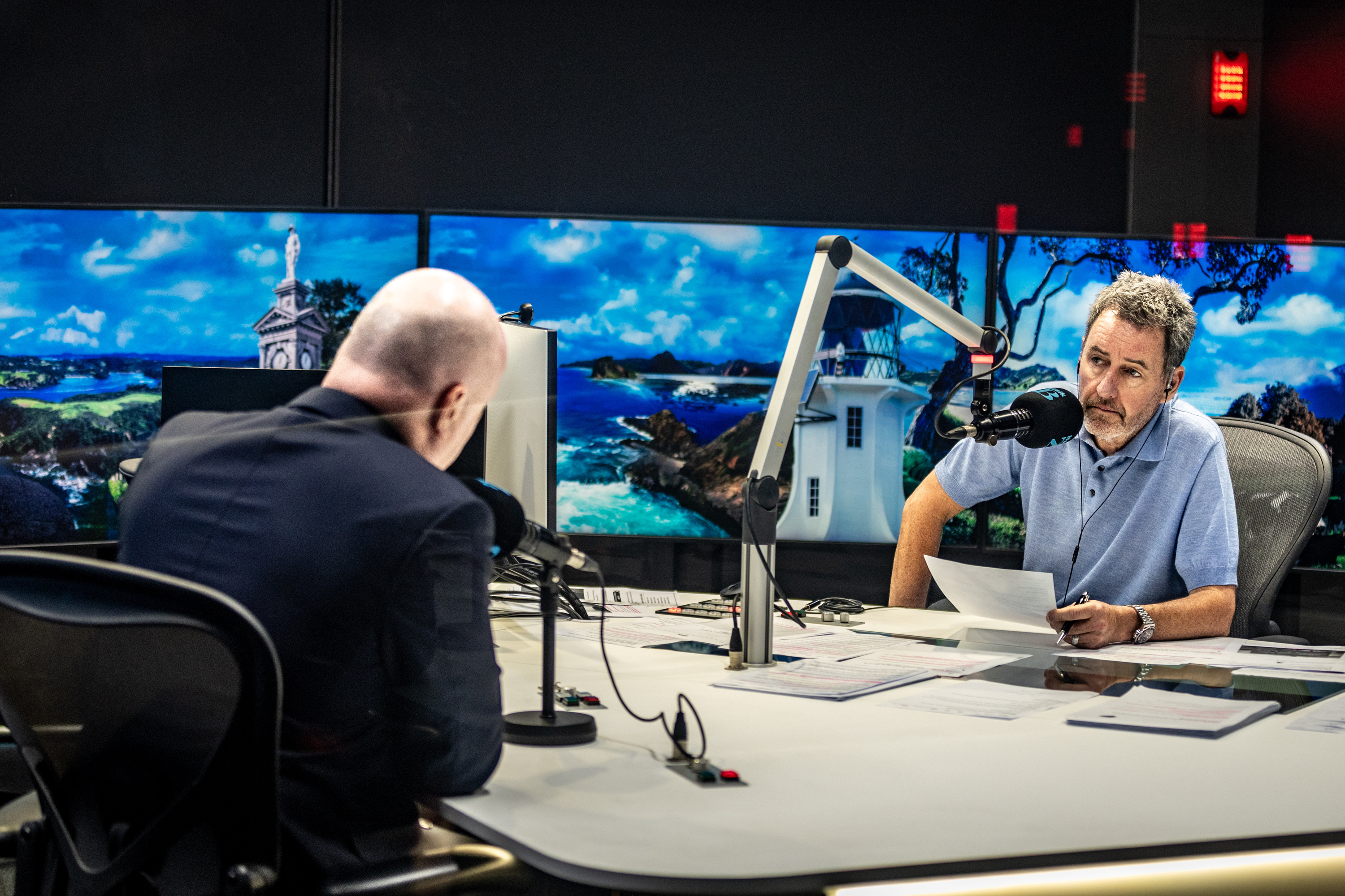 Newstalk ZB breakfast host Mike Hosking interviews Prime Minister Christopher Luxon. Photo / Michael Craig
