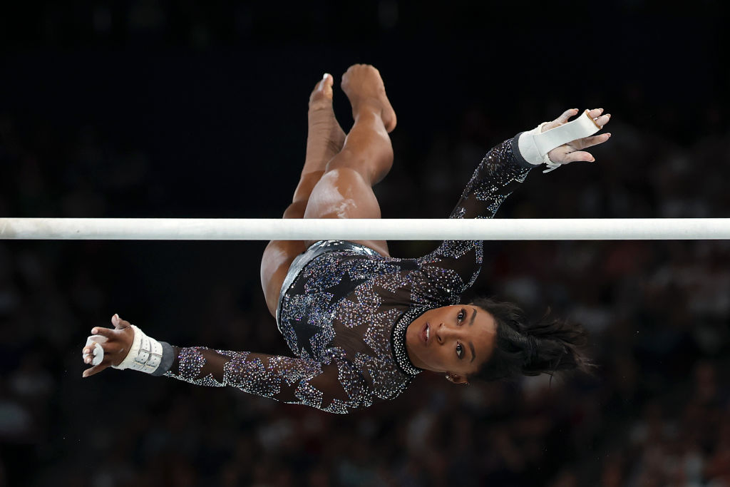 Simone Biles competes at the 2024 Olympic Games in Paris in a leotard embellished with 10,000 Swarovski crystals that is estimated to cost more than $5000. Photo / Getty Images