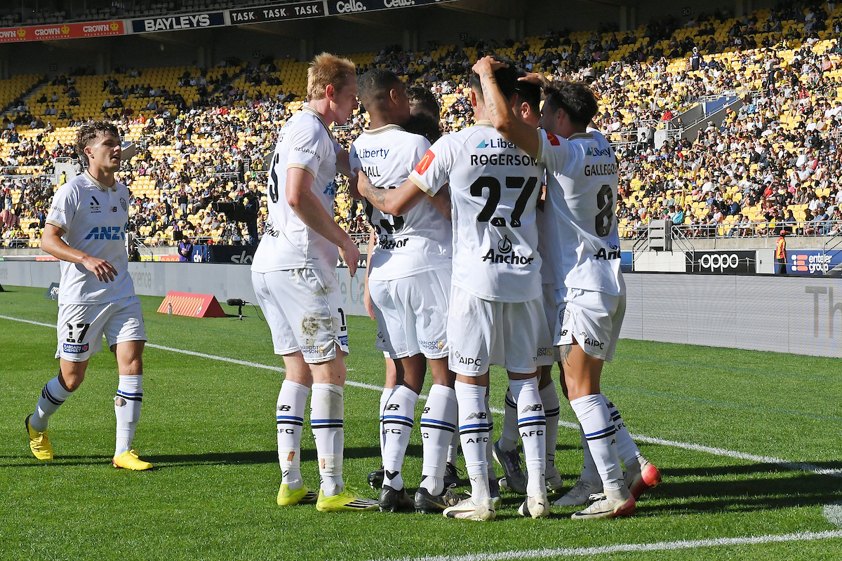 Auckland FC players celebrate a goal against the Wellington Phoenix. Photo / Photosport