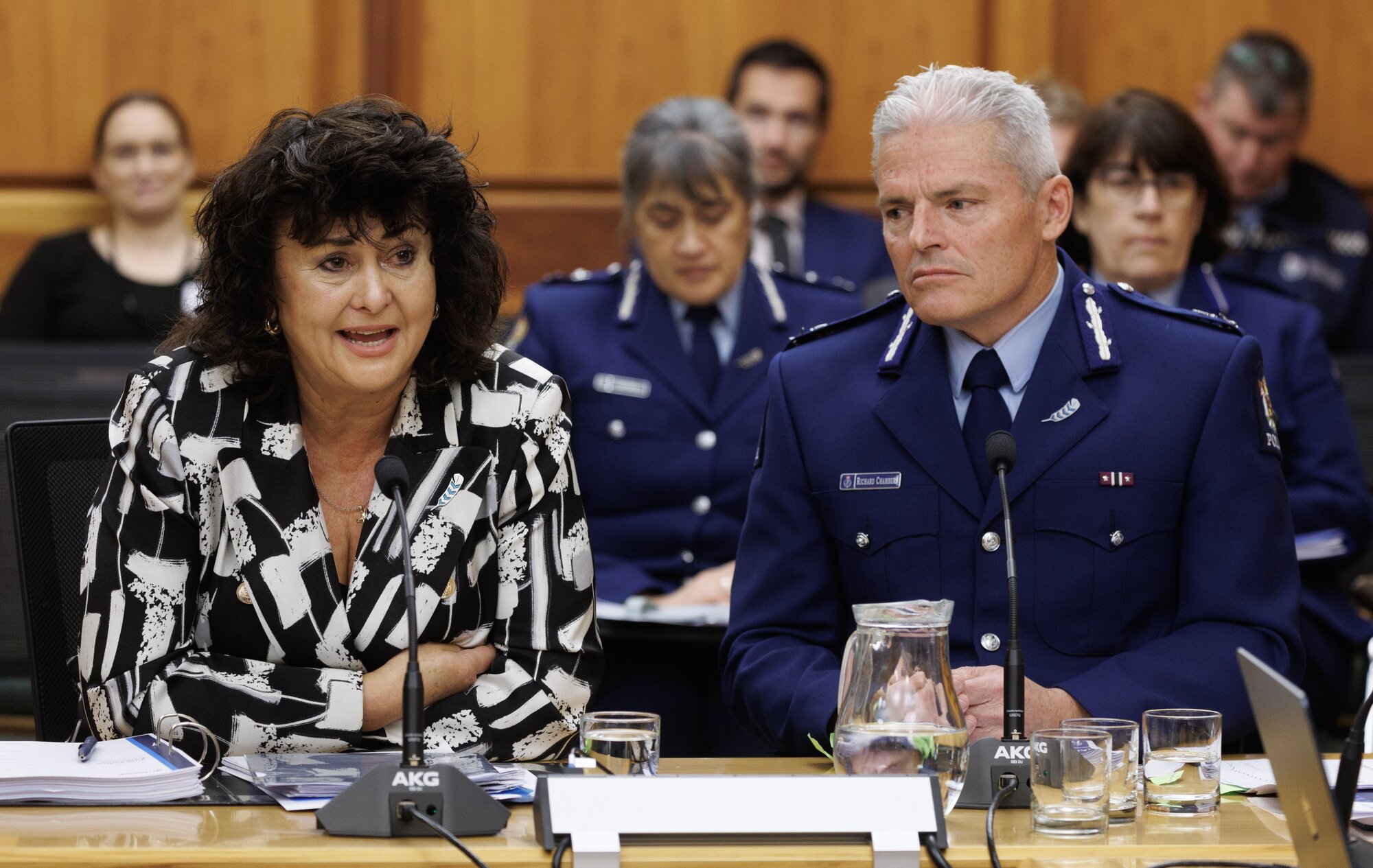 Associate Police Minister Casey Costello and Commissioner Richard Chambers during the Justice Select Committee at Parliament. Photo / Mark Mitchell 