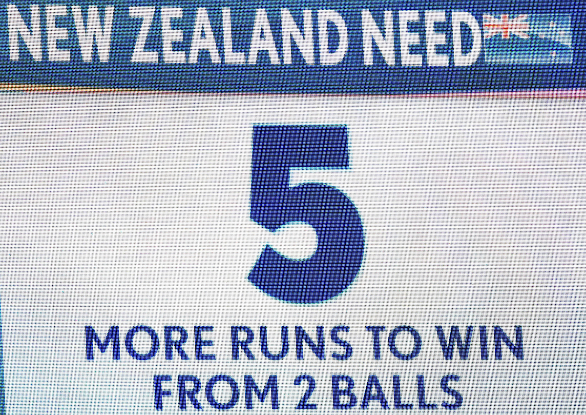 The Eden Park scoreboard moments before Grant Elliott propelled New Zealand into the World Cup final. Photo / Photosport