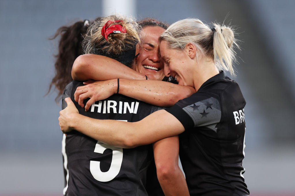 The Black Ferns Sevens celebrate after beating France to win gold. Photo / Getty