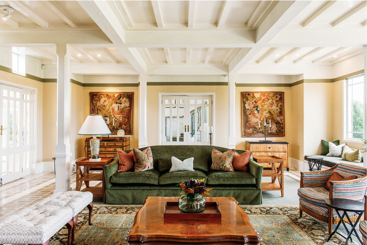 The Wharekauhau main lodge is replete with antique furnishings, which decorate its library, games room, dining room and private spaces.