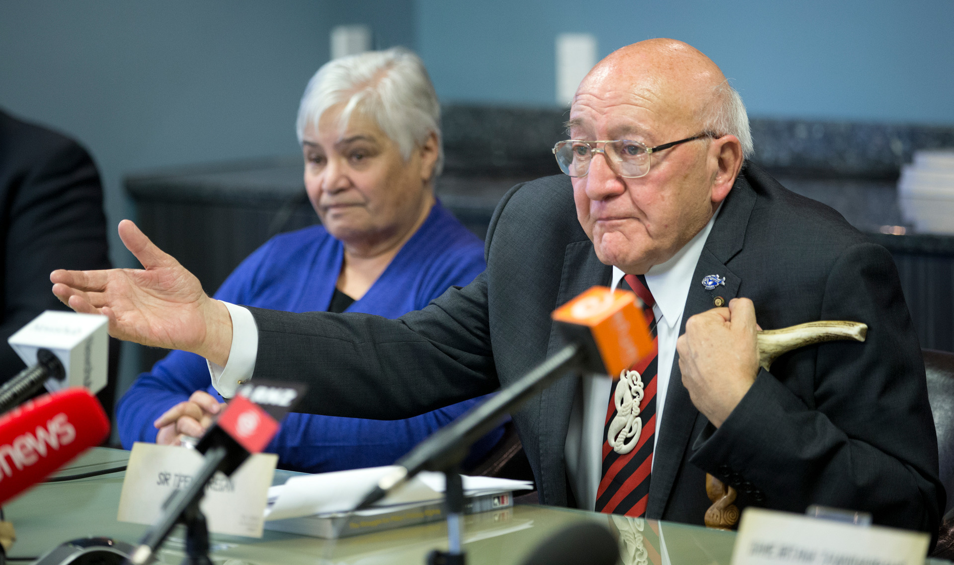 Sir Tipene O'Regan and Dame Tariana Turia holding press conference in April 2016 about the Government's plans for the Kermadec Ocean Sanctuary. Photo / Mark Mitchell