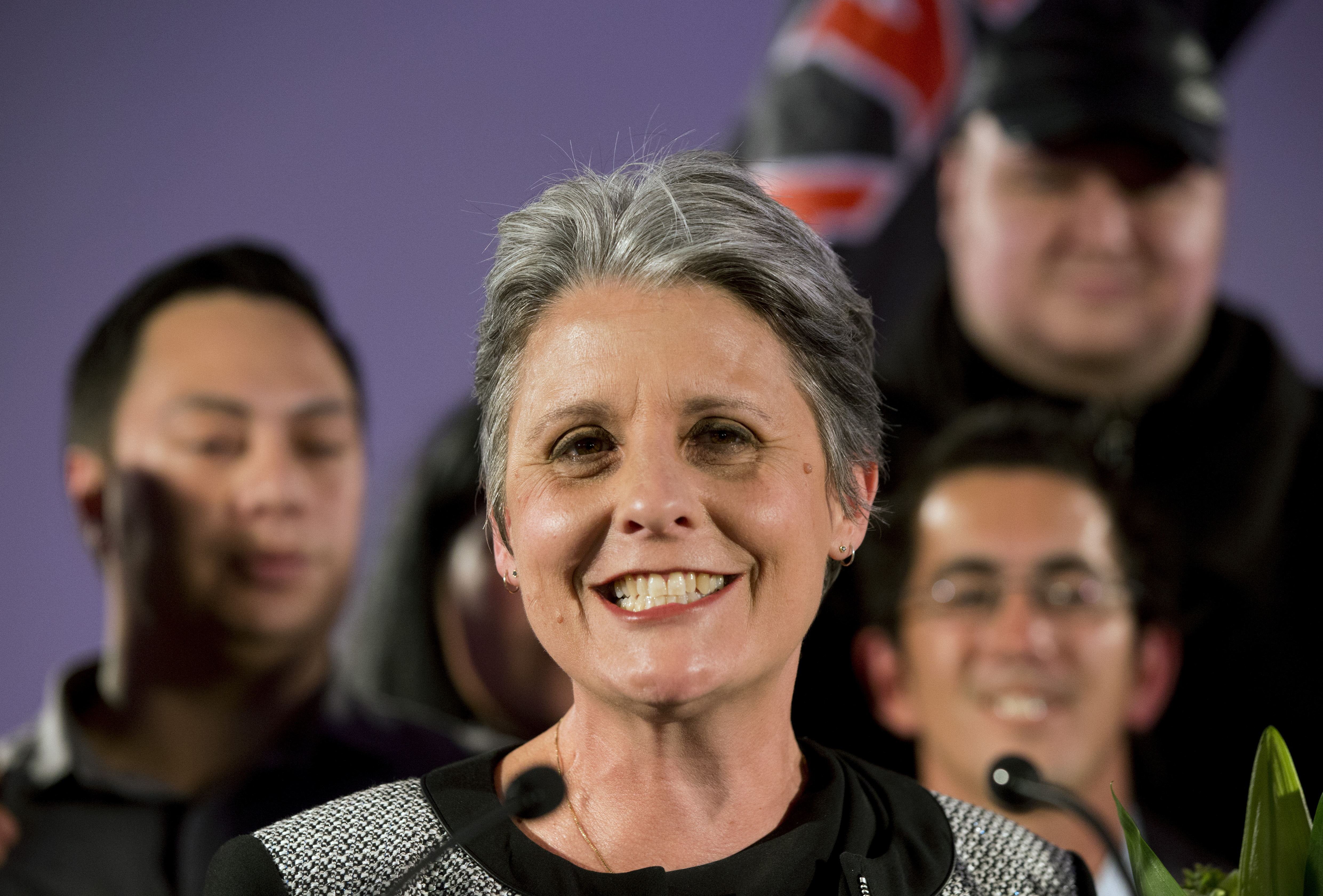 Former Internet Party leader Laila Harria speaks to supporters watched by Kim Dot Com at the Internet Party election parrty at the Cloud. Photo /  Jason Oxenham
