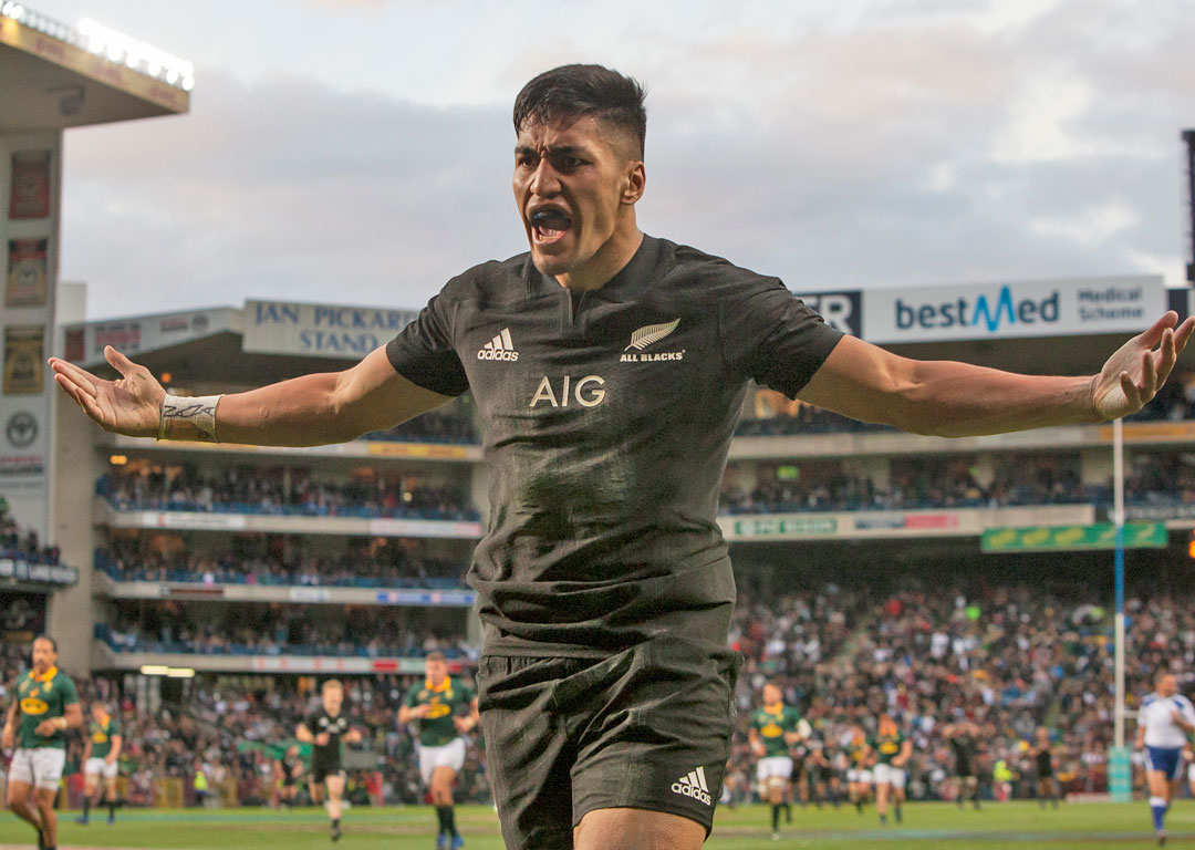 Rieko Ioane celebrates after scoring an intercept try. Photo / AP