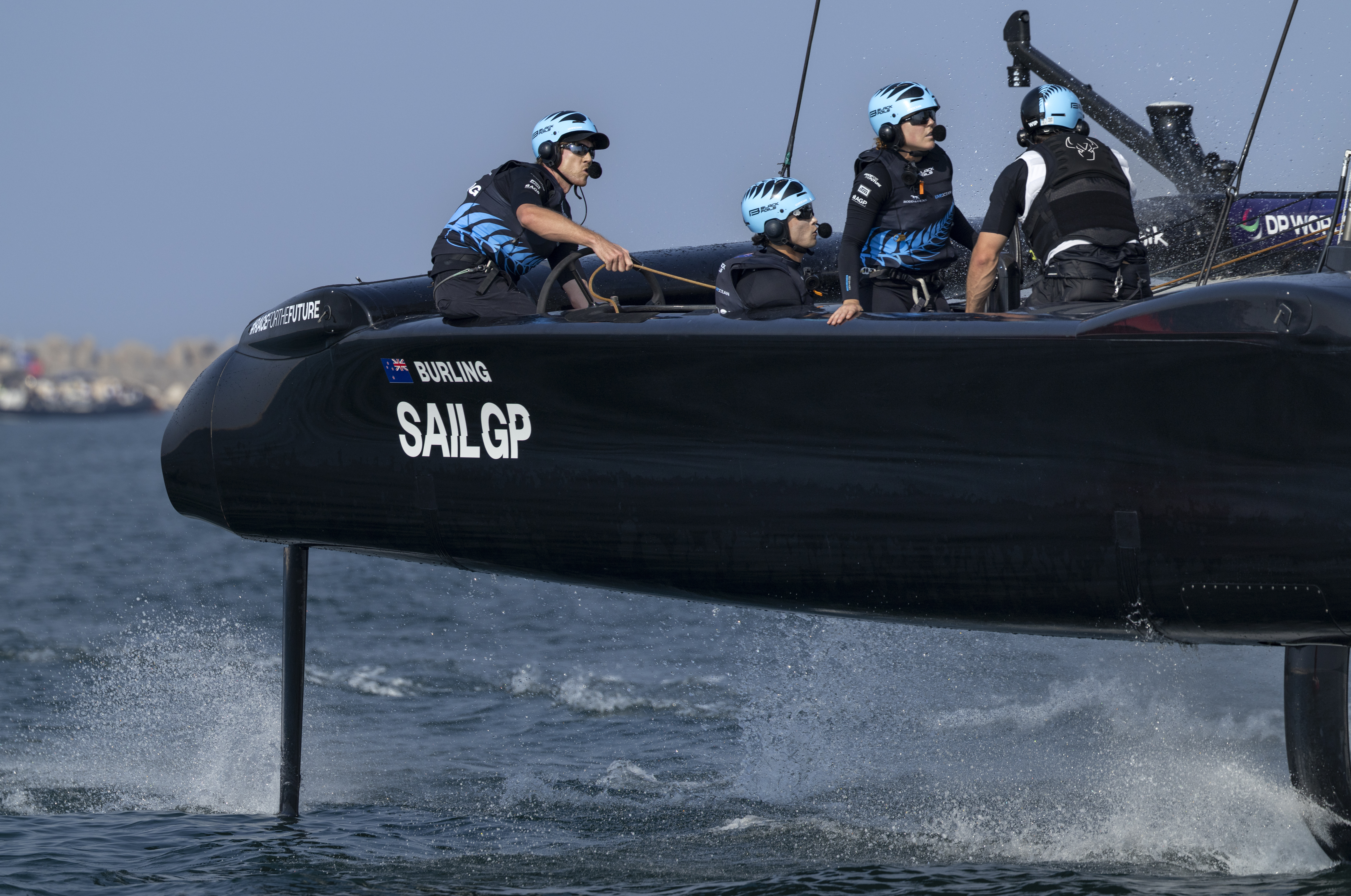 The Black Foils sat second on the leaderboard after the opening day of the SailGP event in Dubai. Photo / Felix Diemer, SailGP