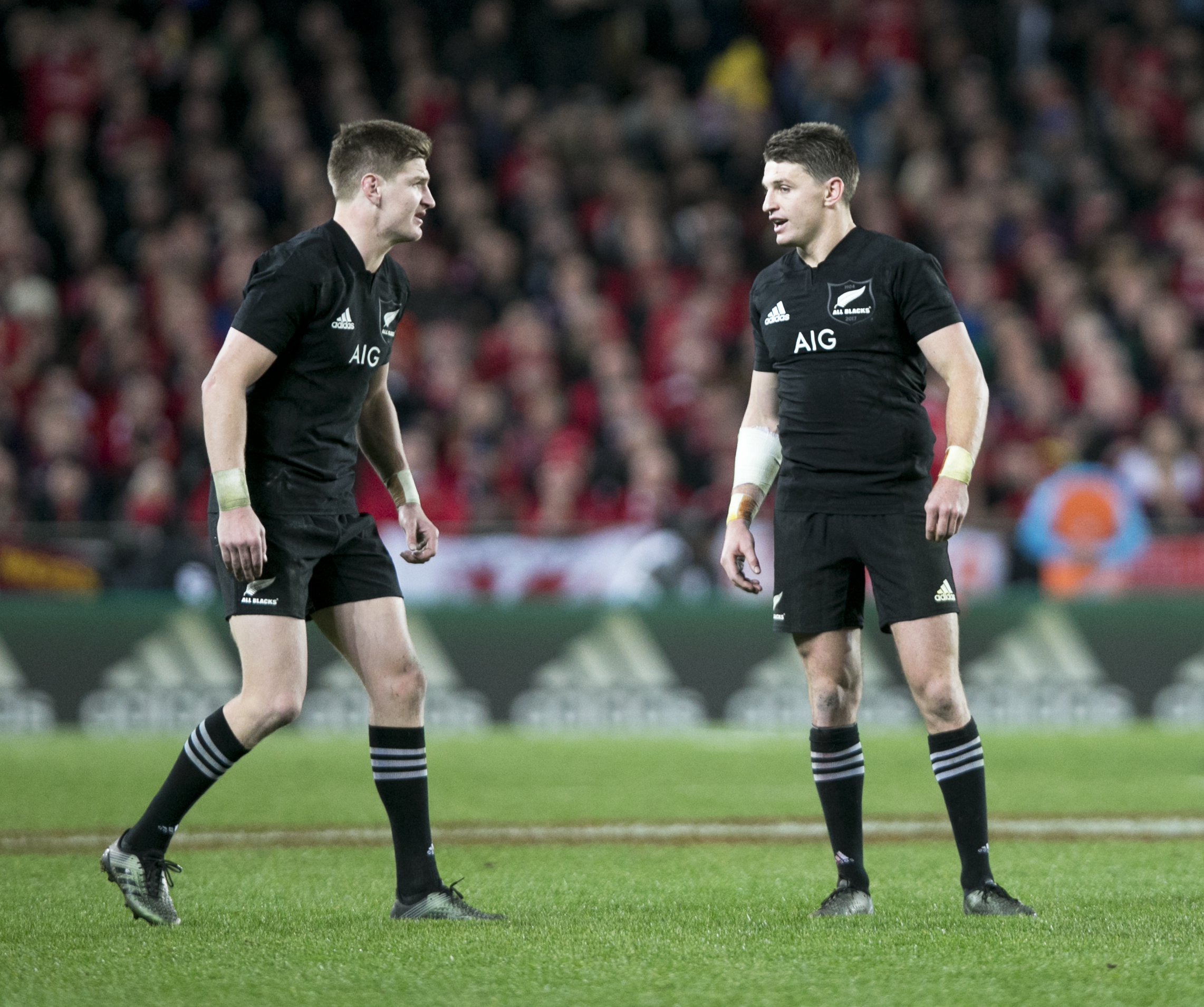 All Blacks players and brothers Jordie Barrett (LEFT) and Beauden Barrett pictured on the park in the final test between the All Blacks and Lions. Photo  Brett Phibbs.