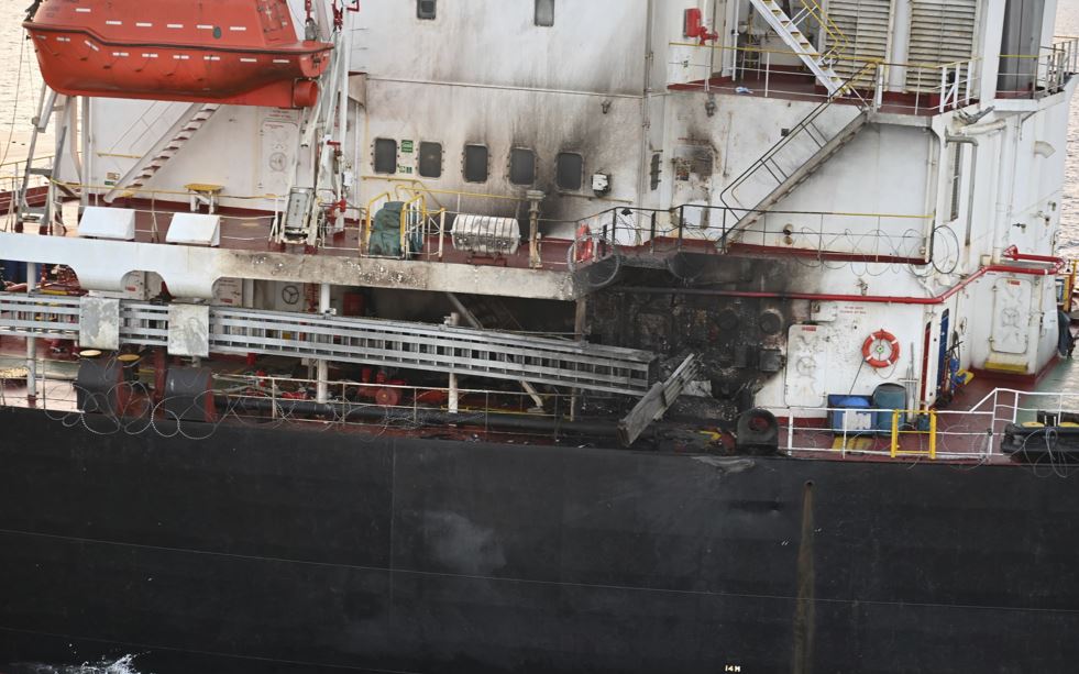 This photograph provided by the Indian Navy shows US-owned ship Genco Picardy, which came under attack from a bomb-carrying drone launched by Yemen's Houthi rebels in the Gulf of Aden. Photo / AP