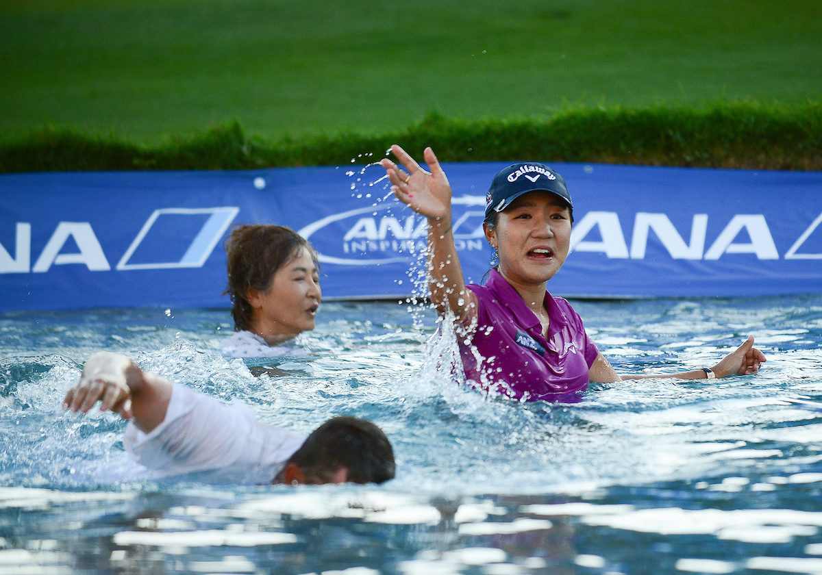 Dame Lydia Ko, pictured following her win at the 2016 Ana Inspiration after jumping into Poppie's Pond at the Mission Hills Country Club. Photo / Photosport