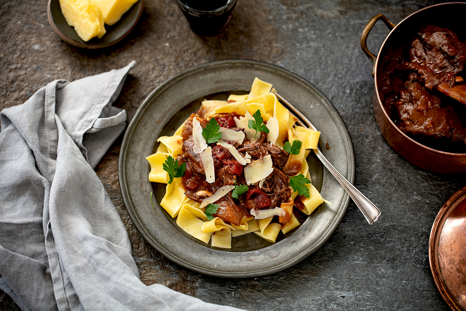 Slow-cooked beef rests atop this tangle of pappardelle. Photo / Babiche Martens