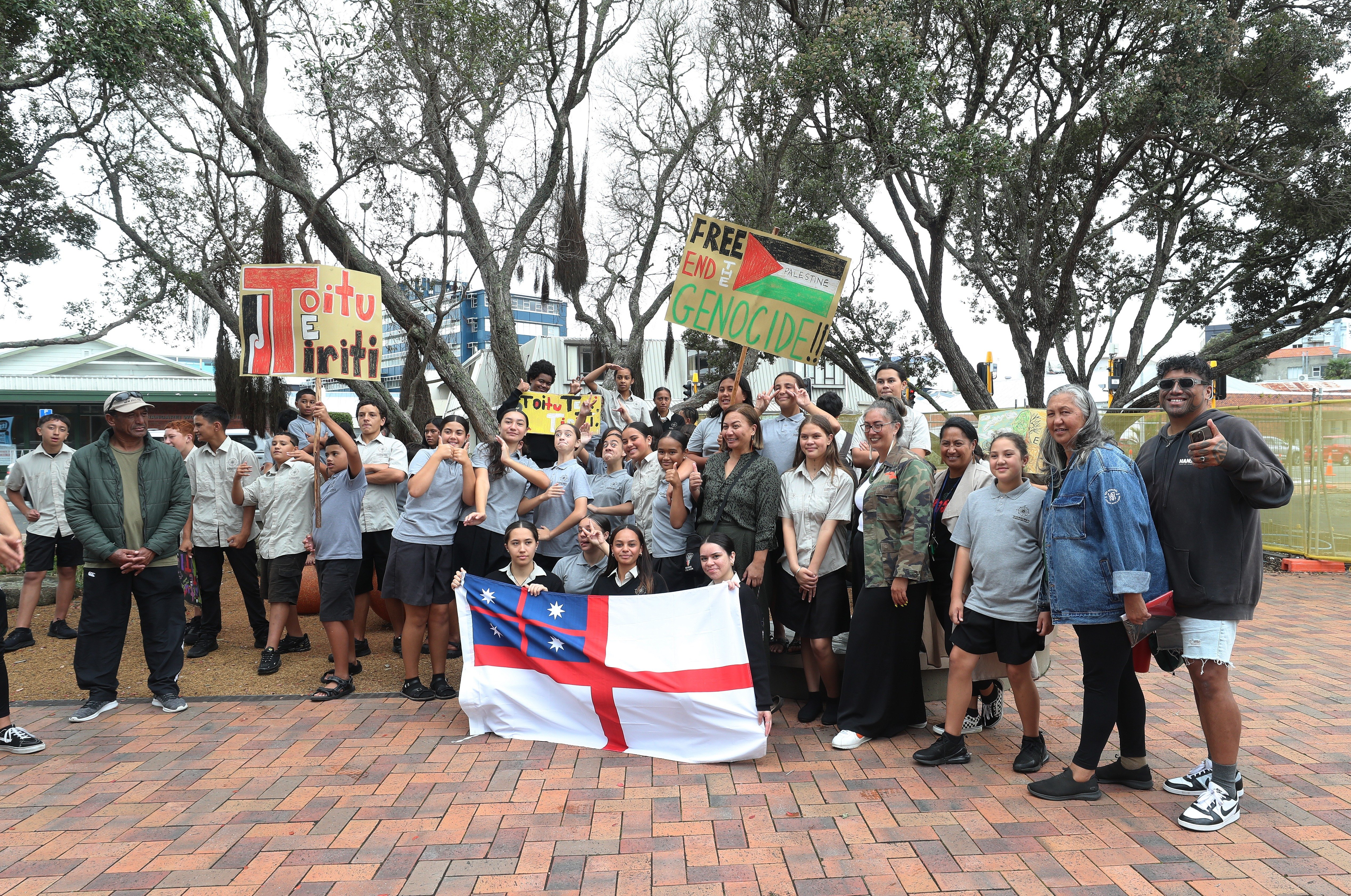 Students from Whangārei’s Te Kāpehu Whetū took part in the School Strike 4 Climate with principal Raewyn Tipene (right). Photo / Michael Cunningham