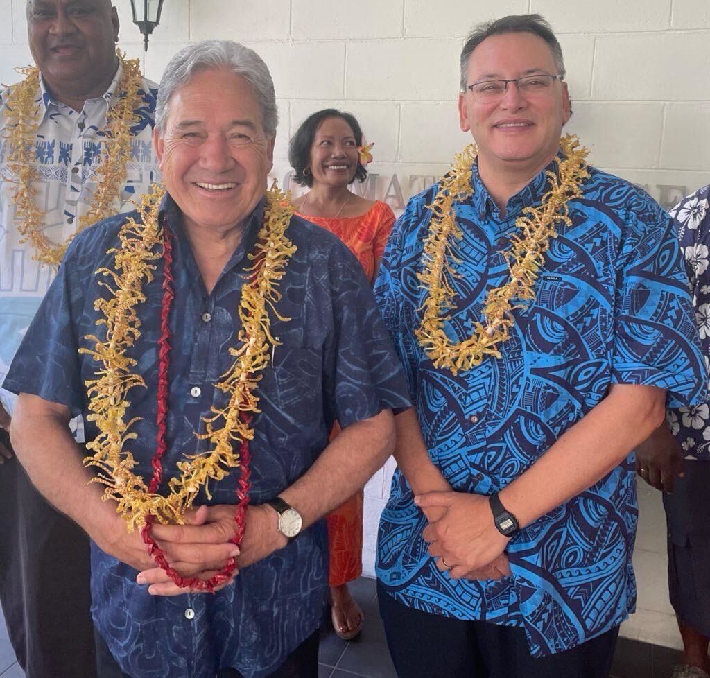 Deputy PM Winston Peters and Health and Pacific People's Minister Dr Shane Reti show off their island shirts on the last day of the Pacific Mission, in Samoa. Photo / Michael Appleton